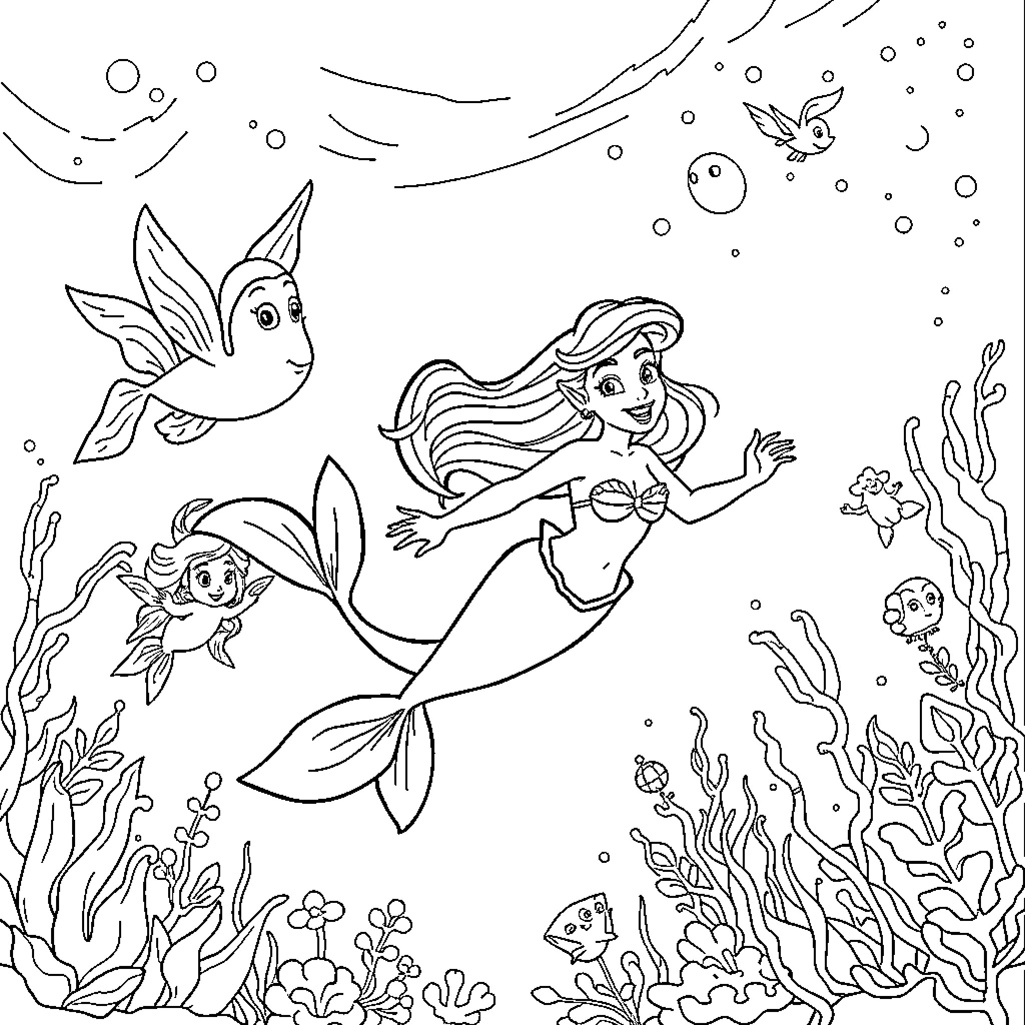 Princess Mermaid Frolicking Underwater with Sea Creatures Coloring Page (free black-and-white line drawing printable PDF for all, from beginners to advanced learners, including children, teens, adults, and seniors)