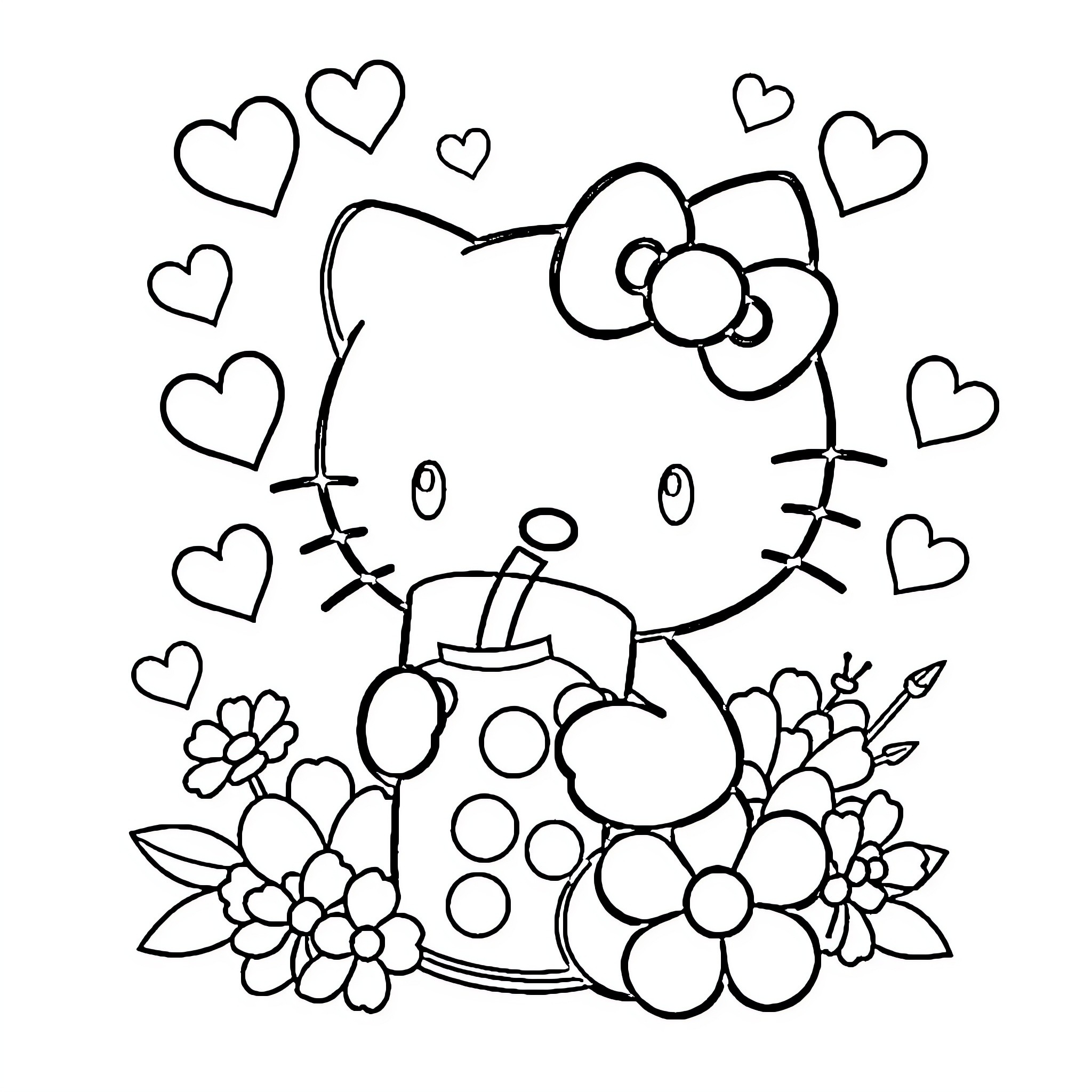Hello Kitty Surrounded by Hearts and Flowers Coloring Page (free black-and-white line drawing printable PDF for all, from beginners to advanced learners, including children, teens, adults, and seniors)