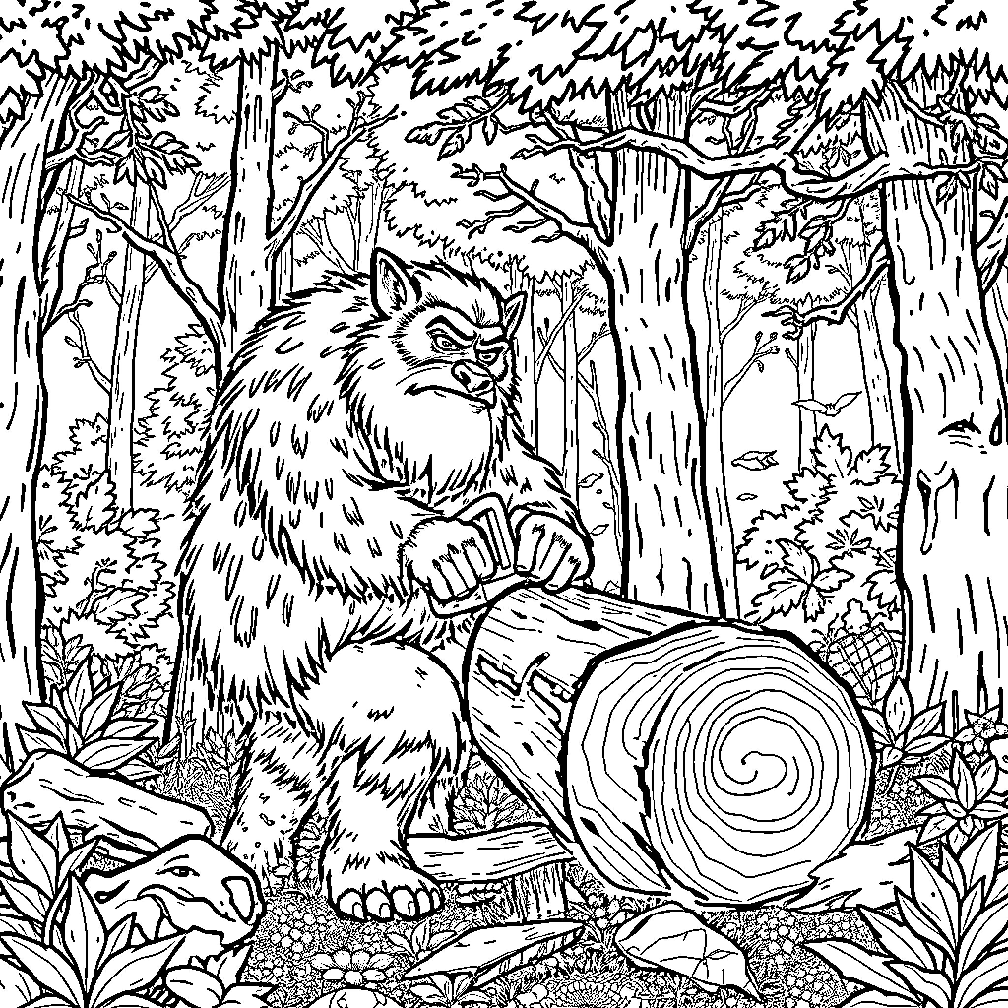 Bûcheron preparing to chop wood in the forest Coloring Page (free black-and-white line drawing printable PDF for all, from beginners to advanced learners, including children, teens, adults, and seniors)