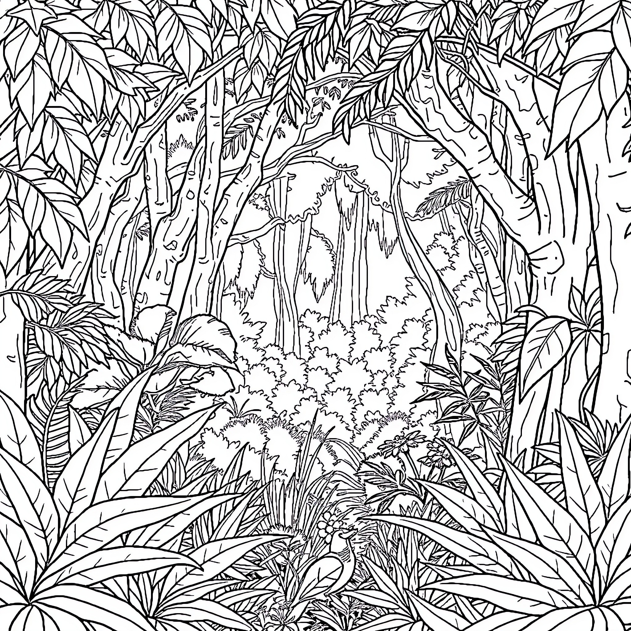 Horse and Civet in Lush Jungle Landscape Coloring Page (free black-and-white line drawing printable PDF for all, from beginners to advanced learners, including children, teens, adults, and seniors)