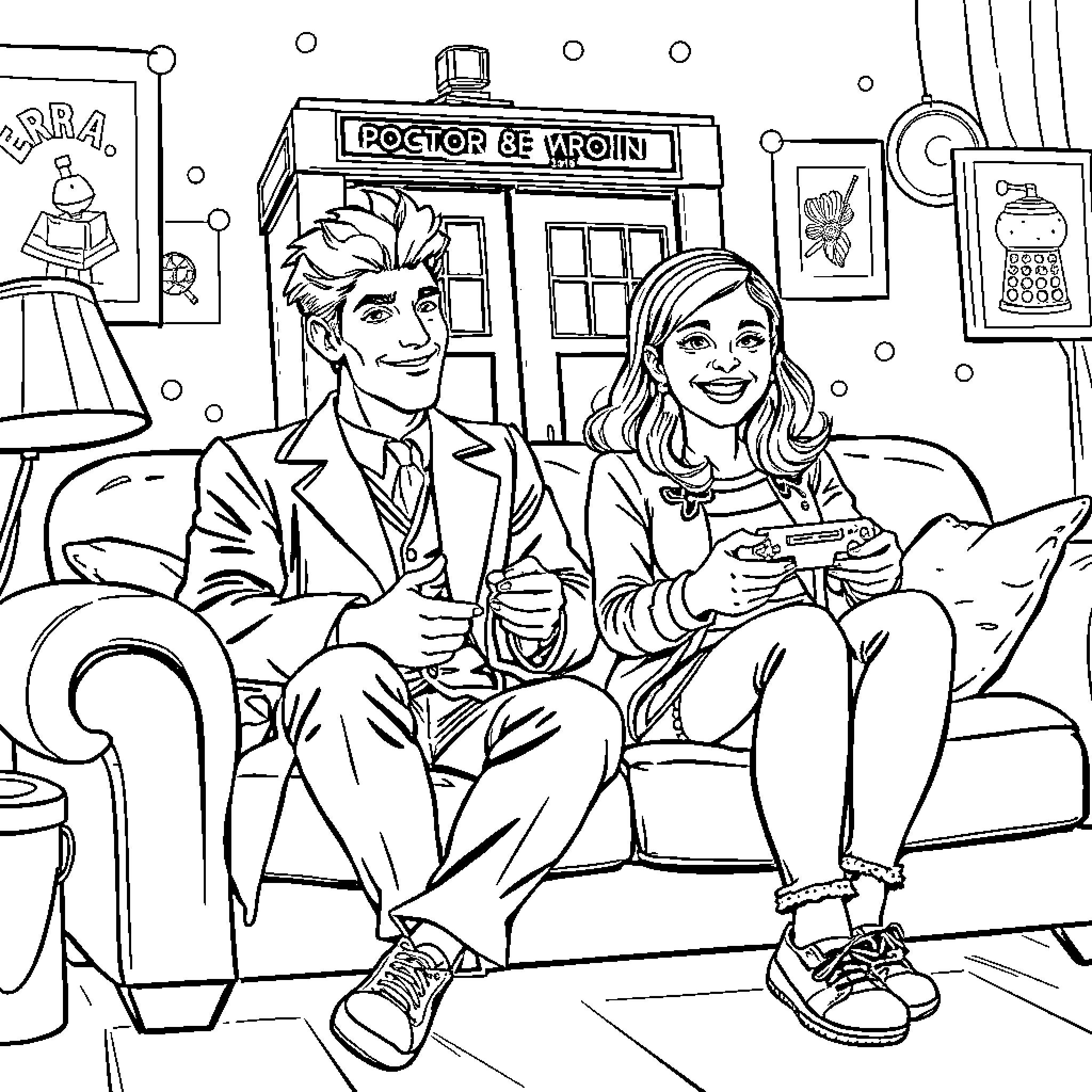 Doctor and Patient Enjoying Time Together Coloring Page (free black-and-white line drawing printable PDF for all, from beginners to advanced learners, including children, teens, adults, and seniors)