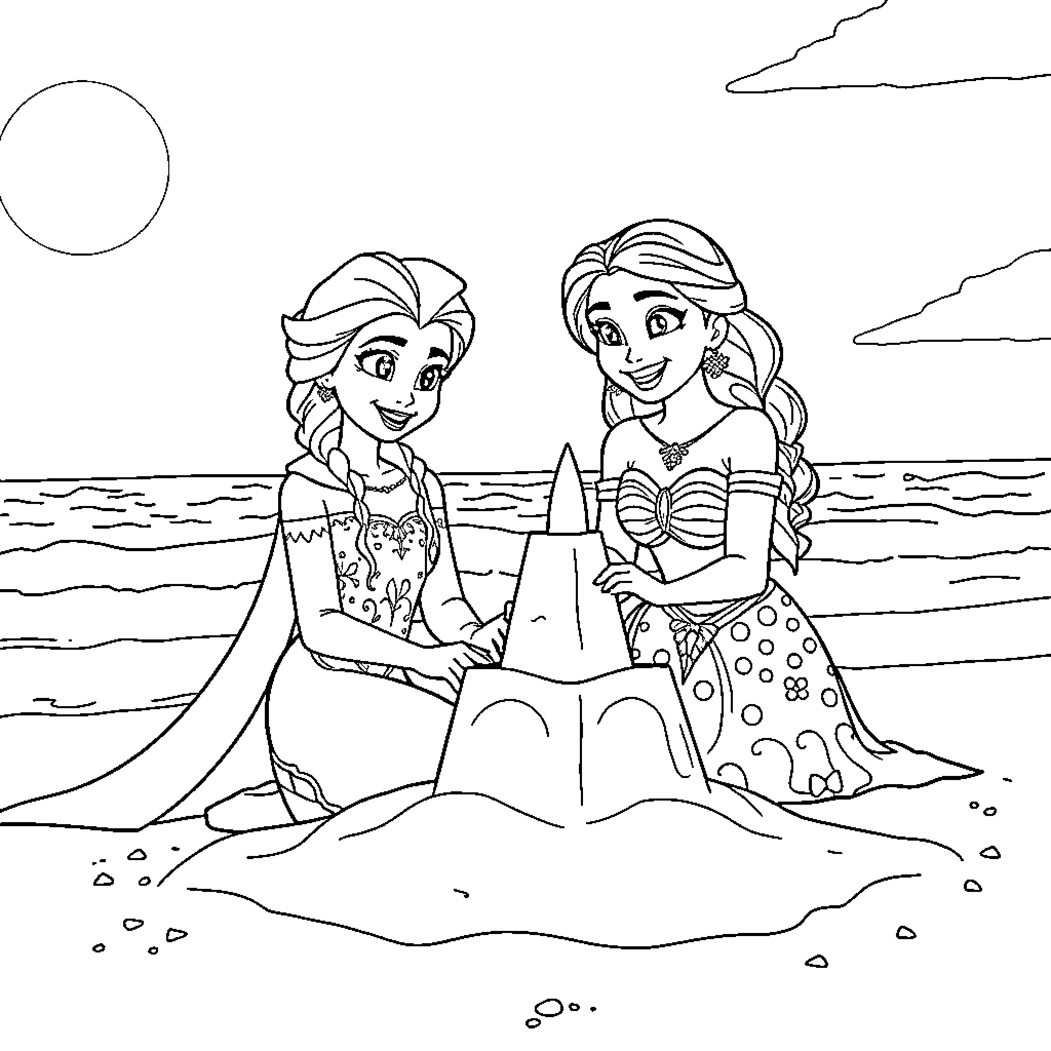 Elsa and Anna build a sandcastle on the beach Coloring Page (free black-and-white line drawing printable PDF for all, from beginners to advanced learners, including children, teens, adults, and seniors)