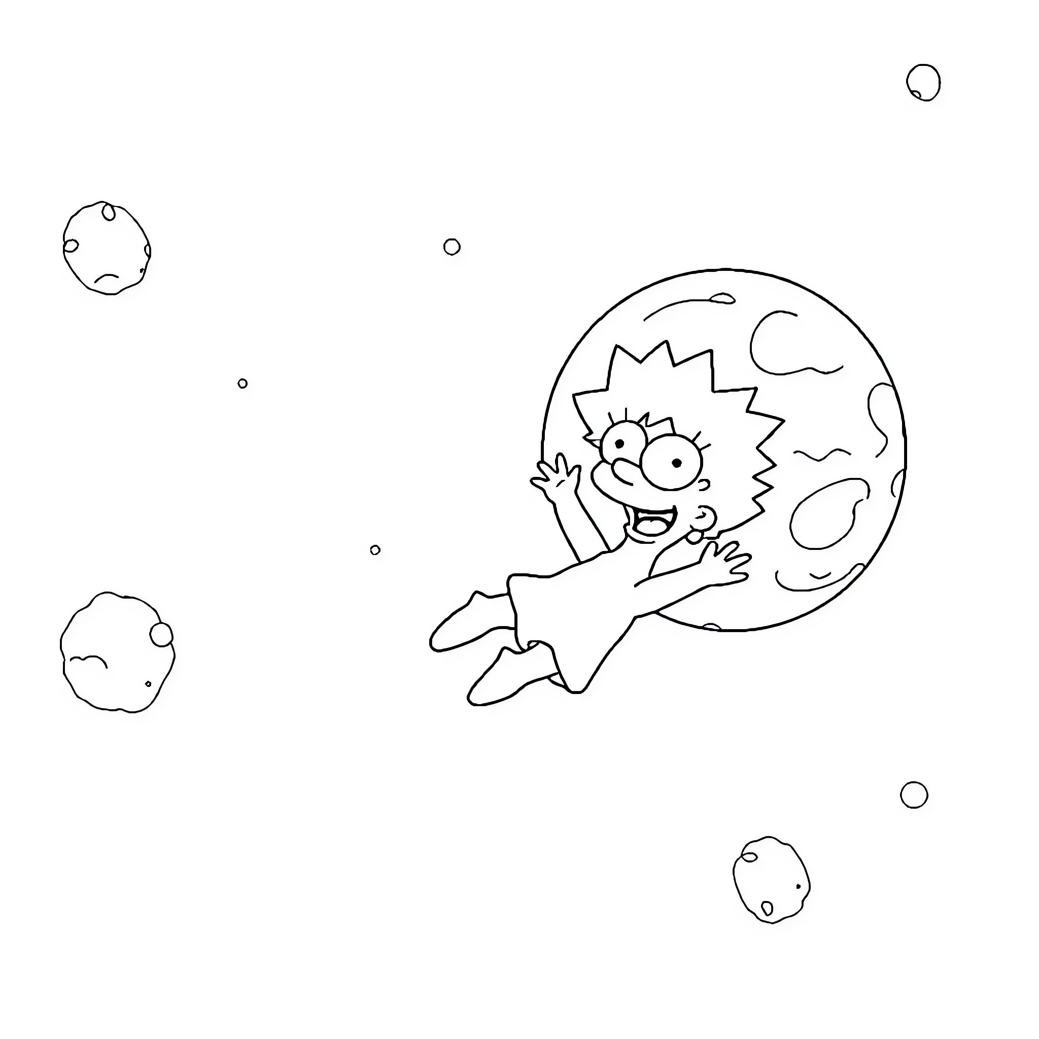 Lisa Simpson floating in outer space Coloring Page (free black-and-white line drawing printable PDF for all, from beginners to advanced learners, including children, teens, adults, and seniors)