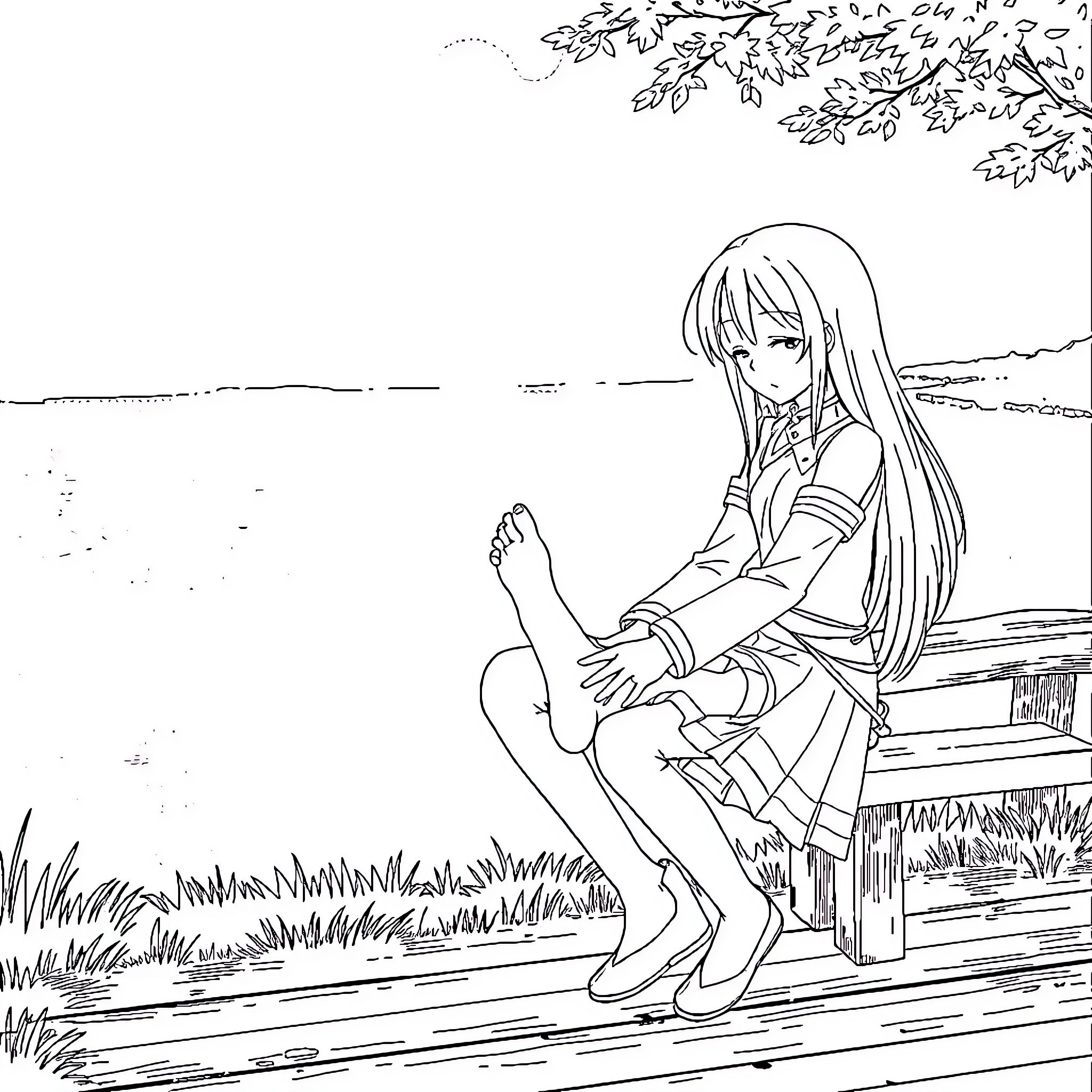 Kirito relaxing alone on a wooden bench Coloring Page (free black-and-white line drawing printable PDF for all, from beginners to advanced learners, including children, teens, adults, and seniors)