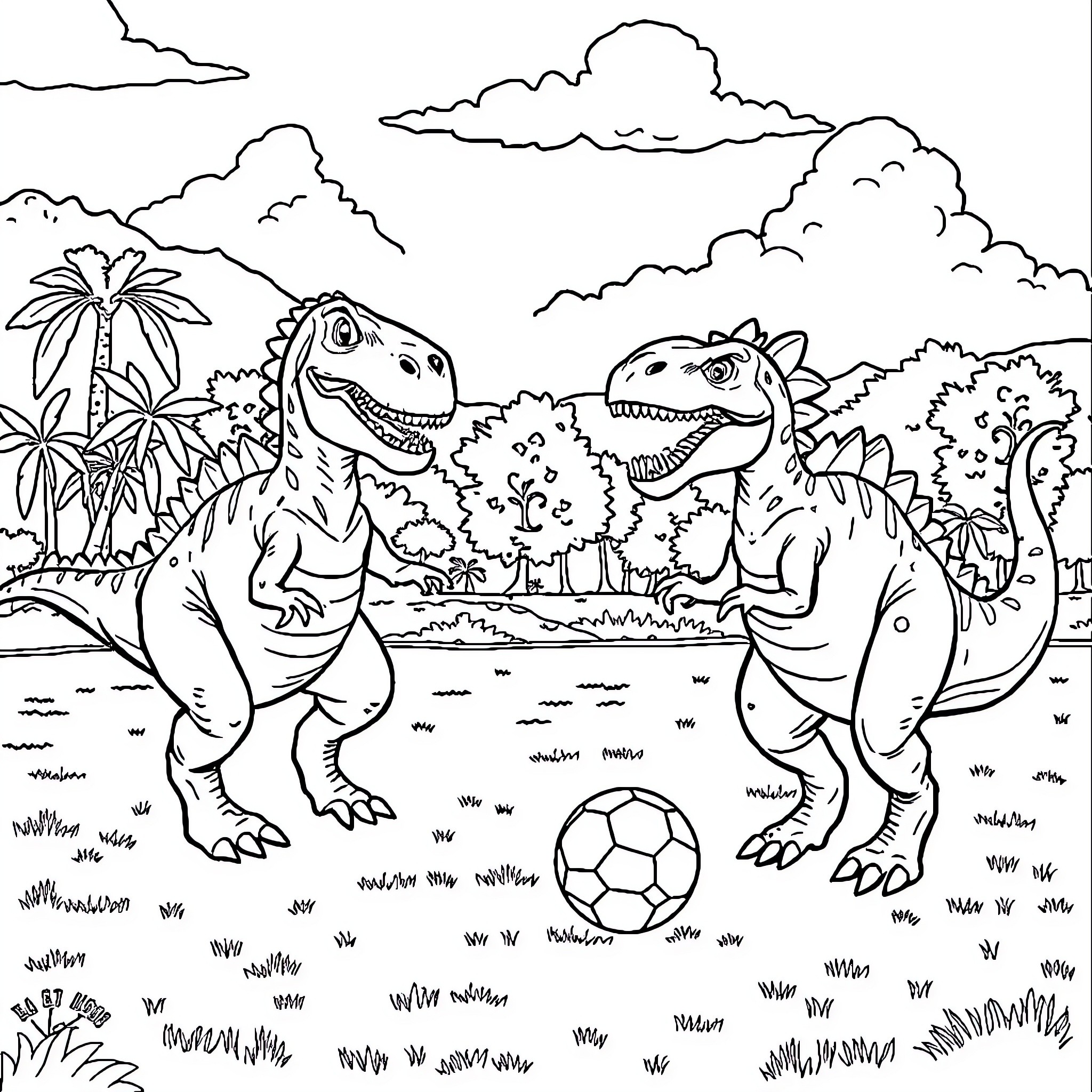Dinosaurs playing with soccer ball in jungle Coloring Page (free black-and-white line drawing printable PDF for all, from beginners to advanced learners, including children, teens, adults, and seniors)