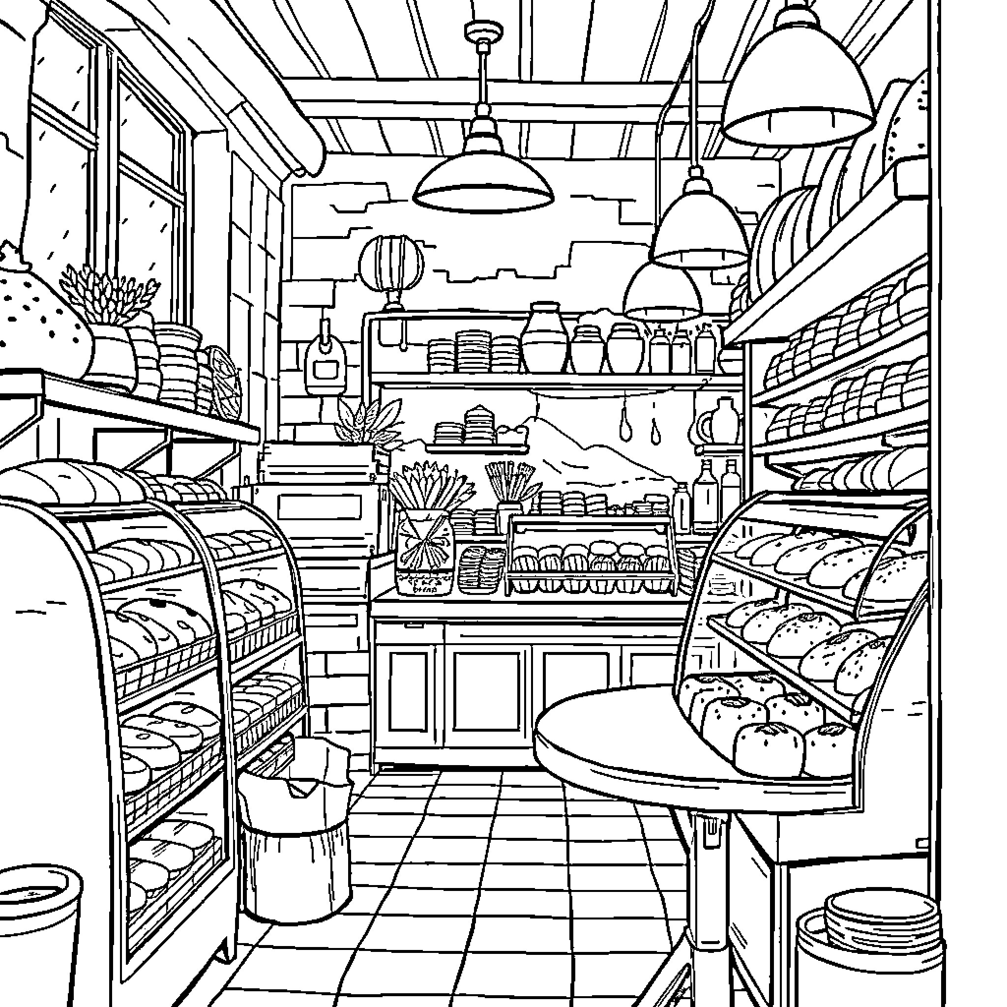 Bakery Filled with Baked Goods and Delightful Decor Coloring Page (free black-and-white line drawing printable PDF for all, from beginners to advanced learners, including children, teens, adults, and seniors)