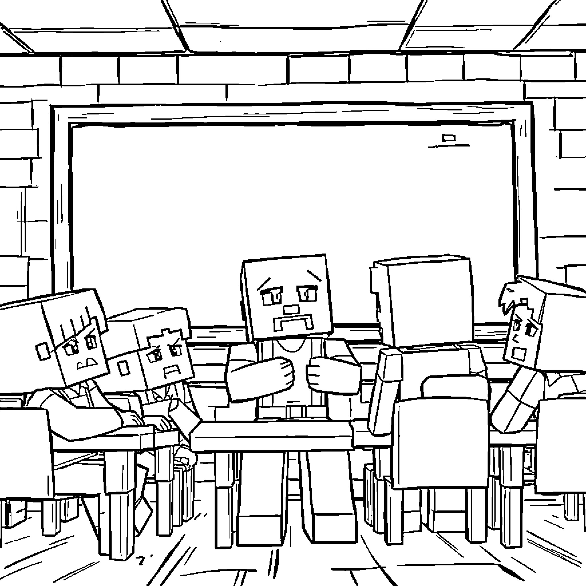 Minecraft Guy at school meeting Coloring Page (free black-and-white line drawing printable PDF for all, from beginners to advanced learners, including children, teens, adults, and seniors)