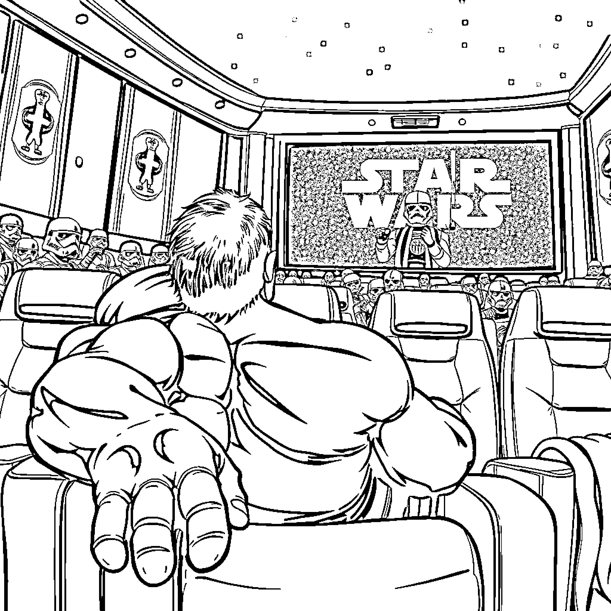 Hulk Watching Star Wars in the Theater Coloring Page (free black-and-white line drawing printable PDF for all, from beginners to advanced learners, including children, teens, adults, and seniors)