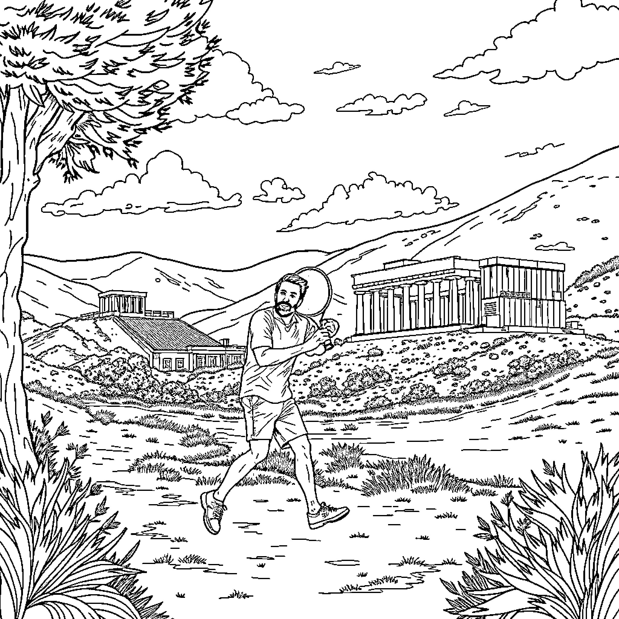 Man walking through scenic landscape Coloring Page (free black-and-white line drawing printable PDF for all, from beginners to advanced learners, including children, teens, adults, and seniors)