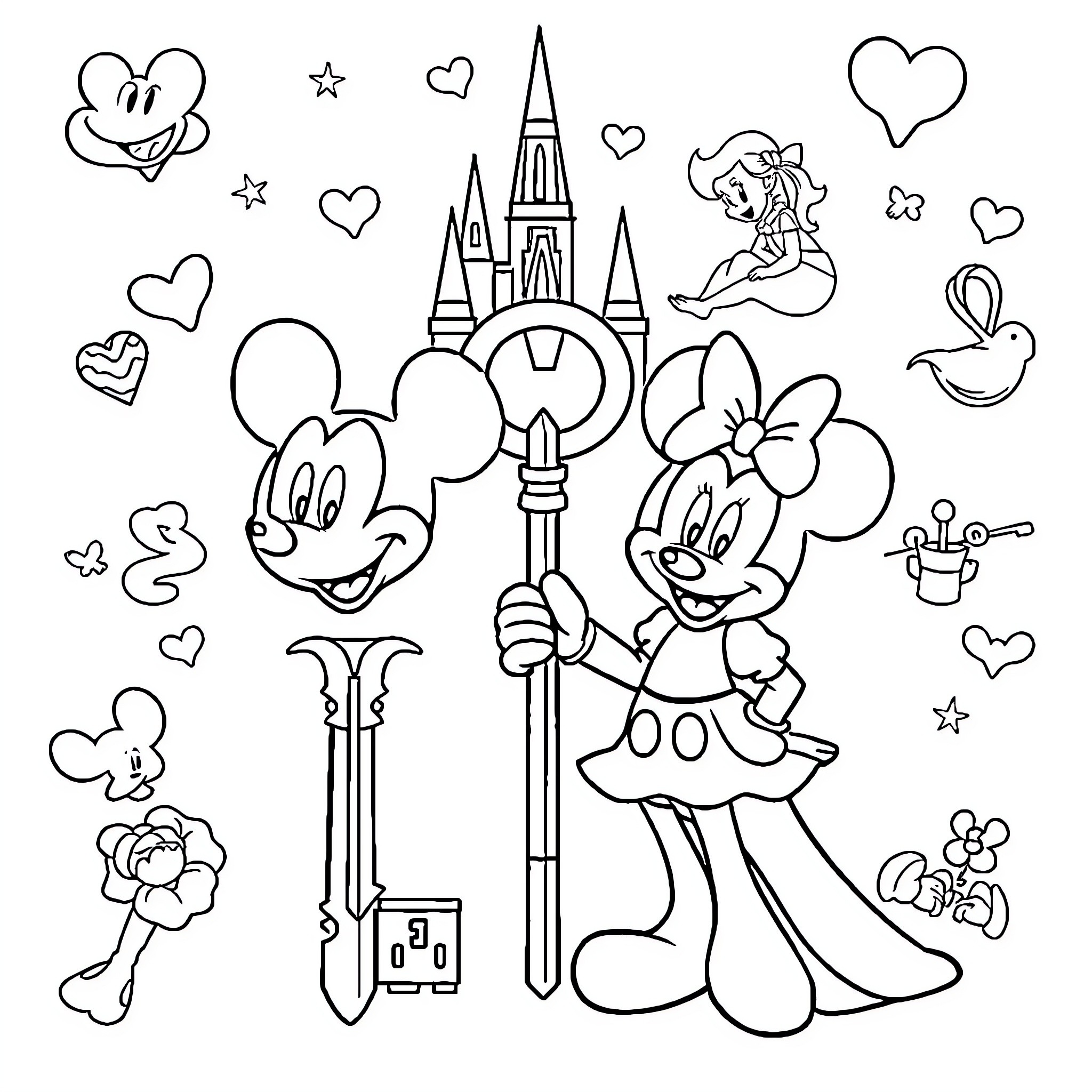 Disney Key Art with Iconic Characters and Symbols Coloring Page (free black-and-white line drawing printable PDF for all, from beginners to advanced learners, including children, teens, adults, and seniors)
