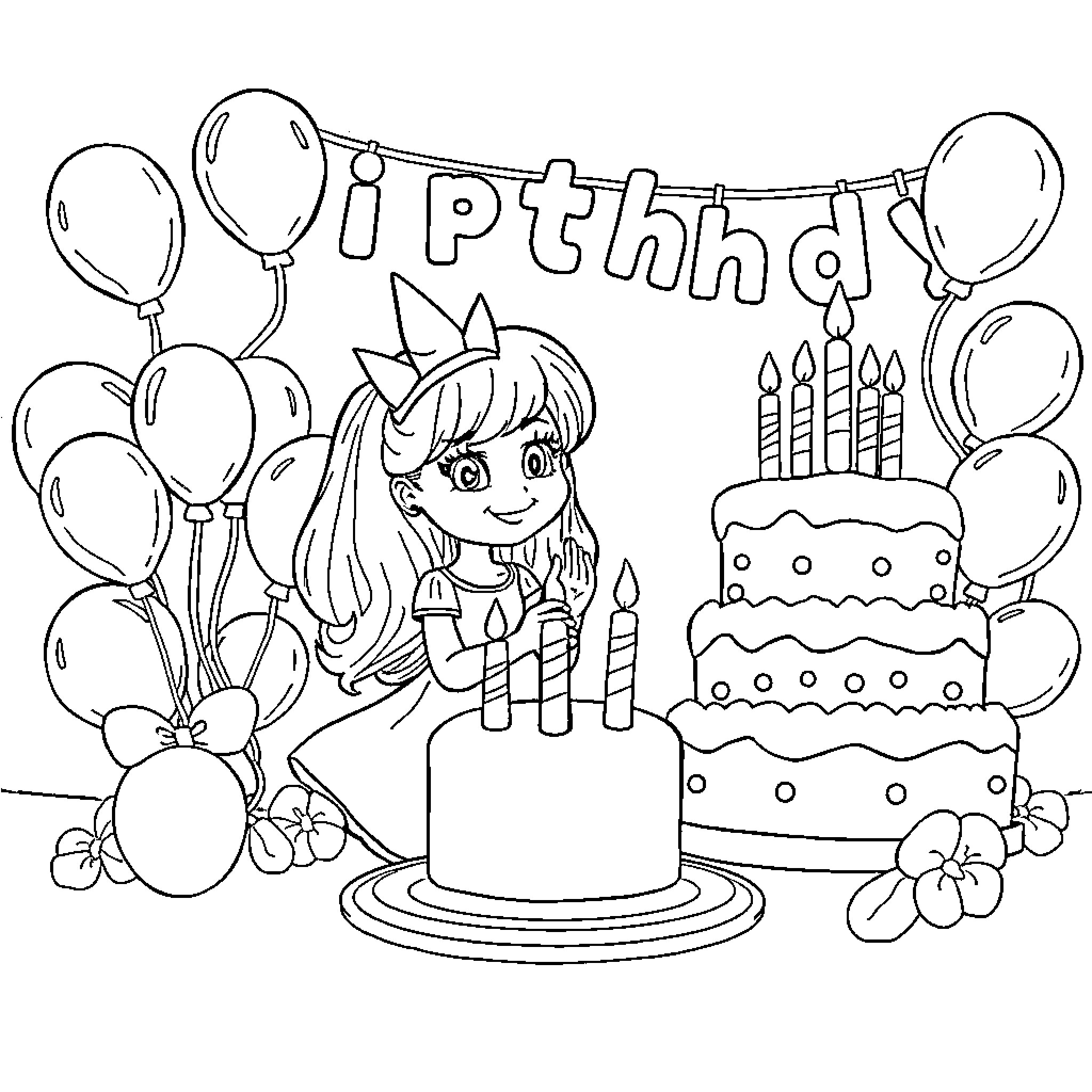 Elsie's Joyful Birthday Celebration Coloring Page (free black-and-white line drawing printable PDF for all, from beginners to advanced learners, including children, teens, adults, and seniors)