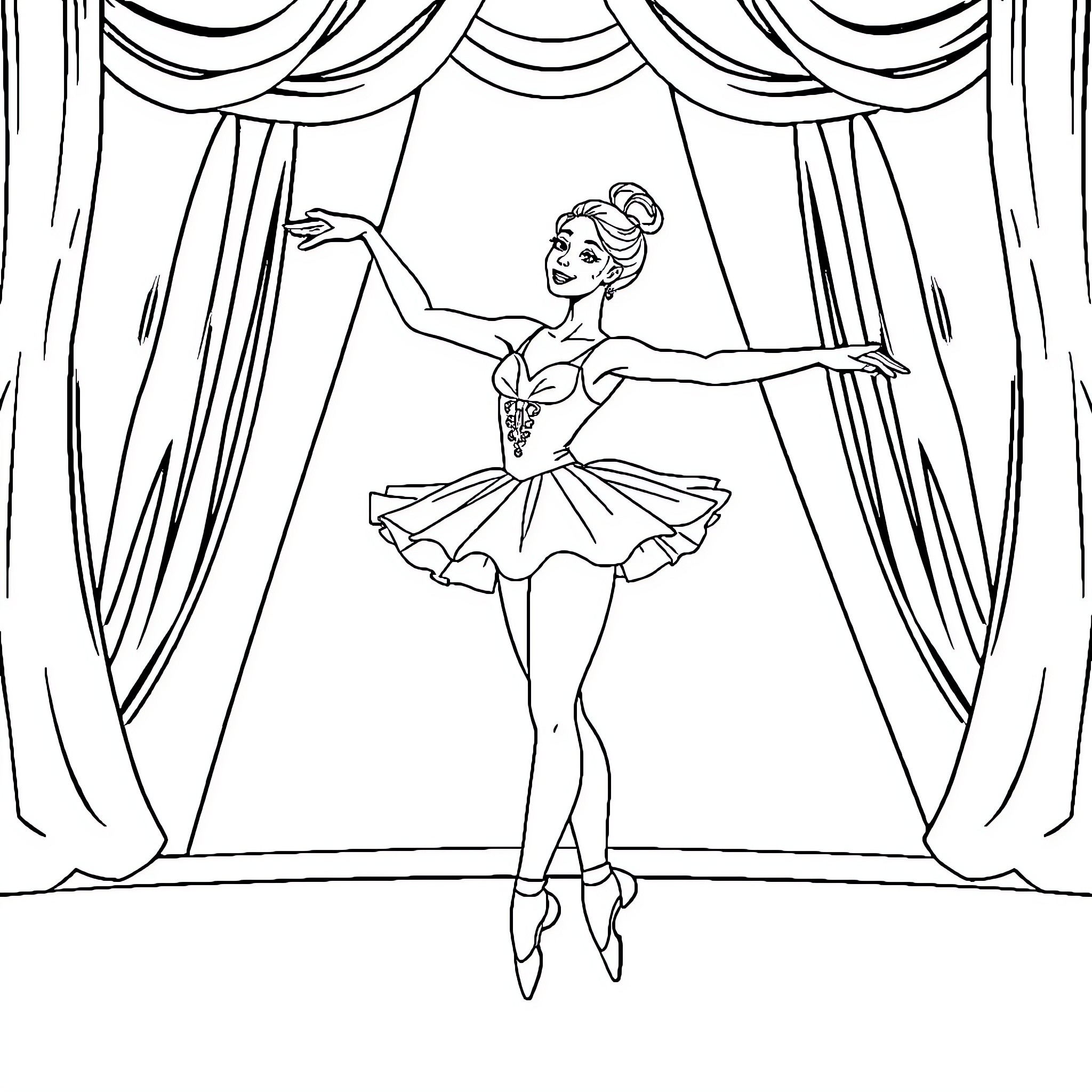 Ballerina performing graceful dance on stage Coloring Page (free black-and-white line drawing printable PDF for all, from beginners to advanced learners, including children, teens, adults, and seniors)