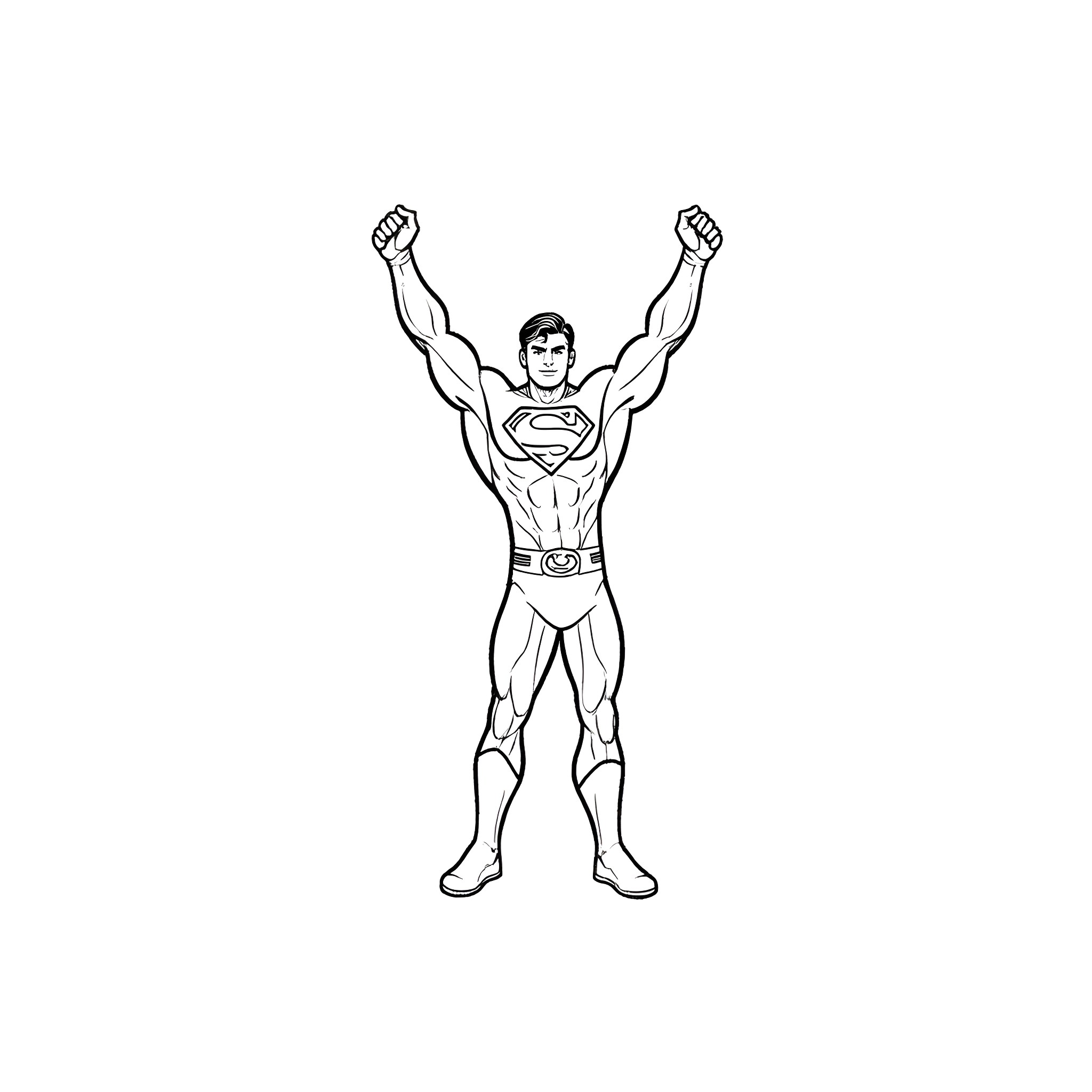 Superman triumphantly standing with arms raised Coloring Page (free black-and-white line drawing printable PDF for all, from beginners to advanced learners, including children, teens, adults, and seniors)