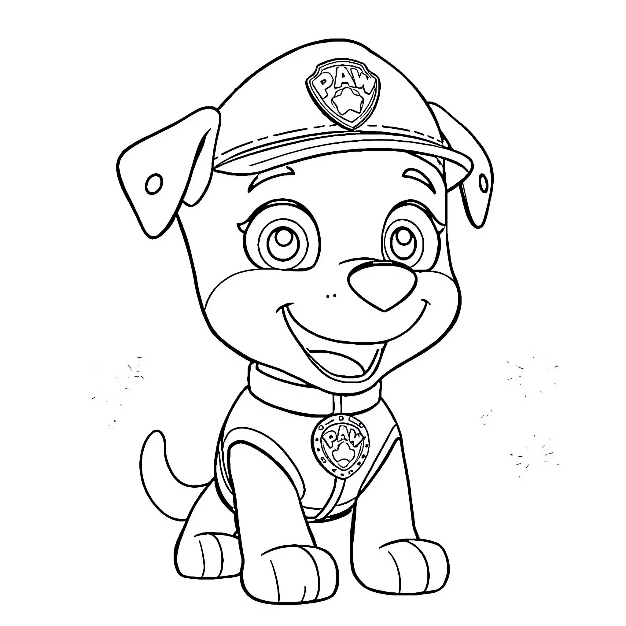 Paw Patrol puppy in uniform smiling happily Coloring Page (free black-and-white line drawing printable PDF for all, from beginners to advanced learners, including children, teens, adults, and seniors)