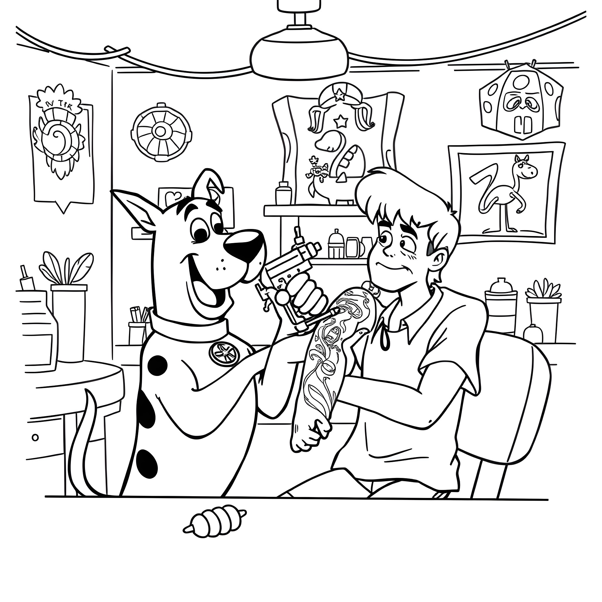 Scooby Doo and friends investigating a mystery Coloring Page (free black-and-white line drawing printable PDF for all, from beginners to advanced learners, including children, teens, adults, and seniors)