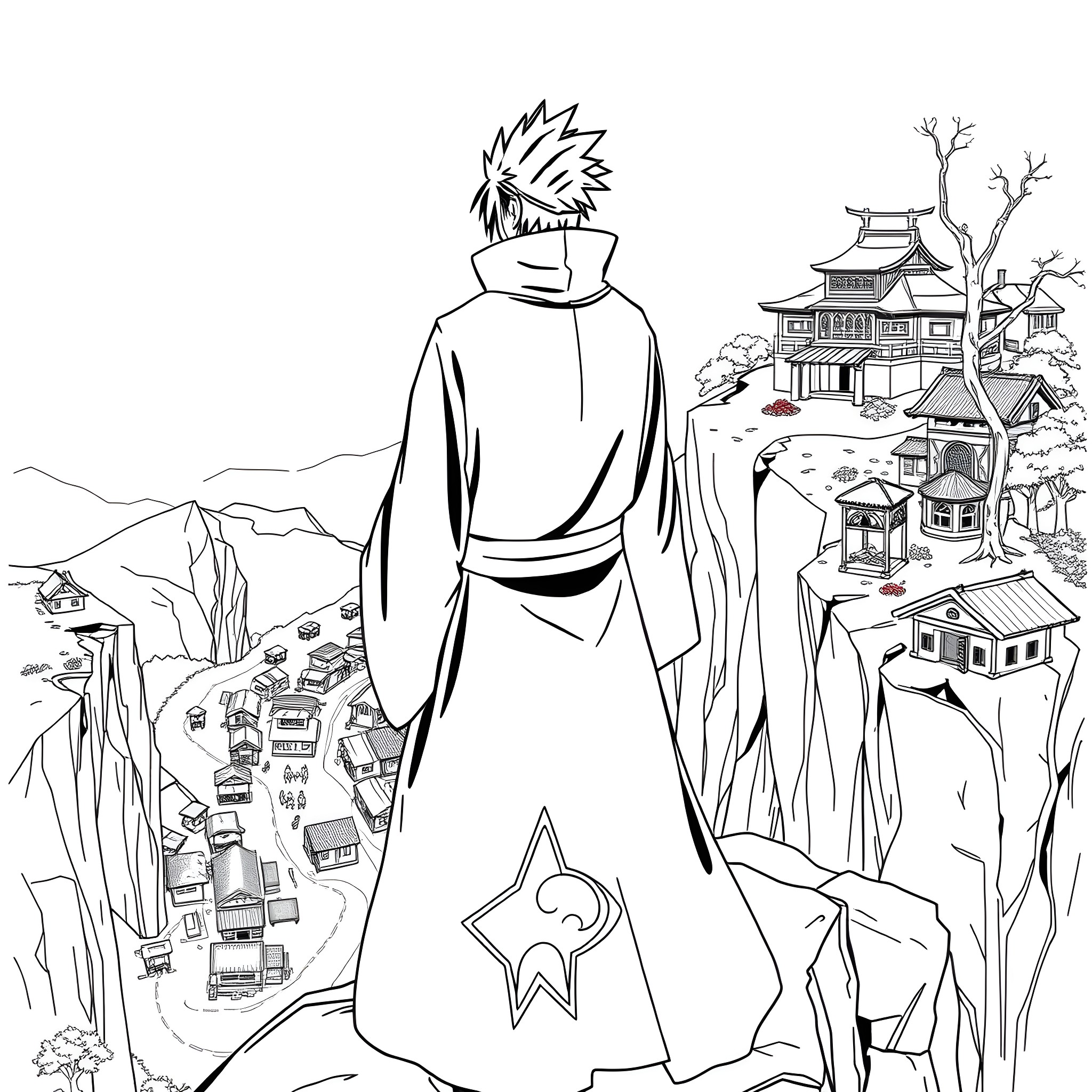 Itachi observing the village from a high vantage point Coloring Page (free black-and-white line drawing printable PDF for all, from beginners to advanced learners, including children, teens, adults, and seniors)