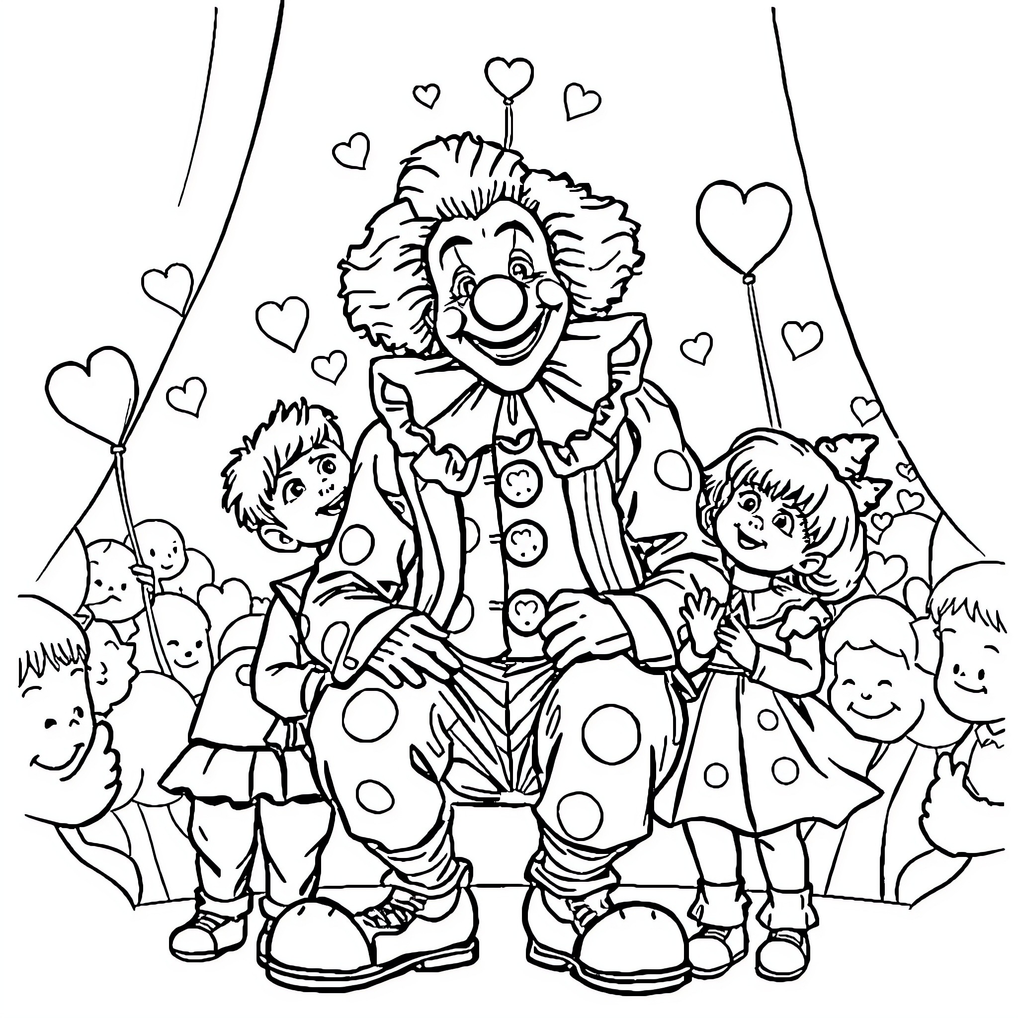 Clown entertaining children with hearts and laughter Coloring Page (free black-and-white line drawing printable PDF for all, from beginners to advanced learners, including children, teens, adults, and seniors)