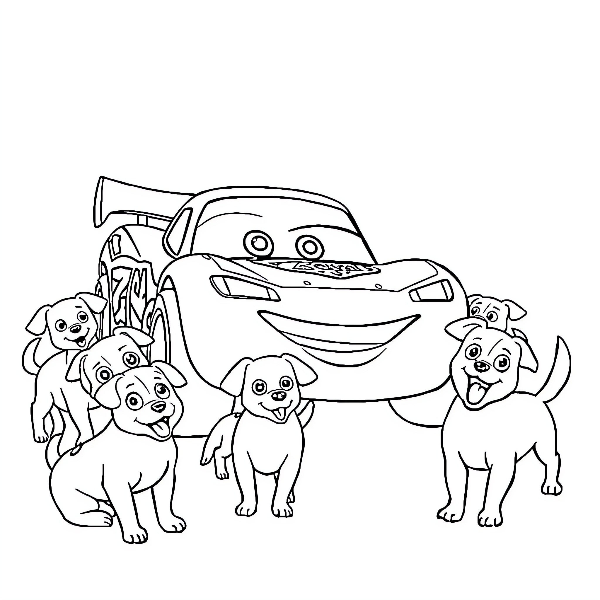 Lightning McQueen surrounded by playful puppies Coloring Page (free black-and-white line drawing printable PDF for all, from beginners to advanced learners, including children, teens, adults, and seniors)