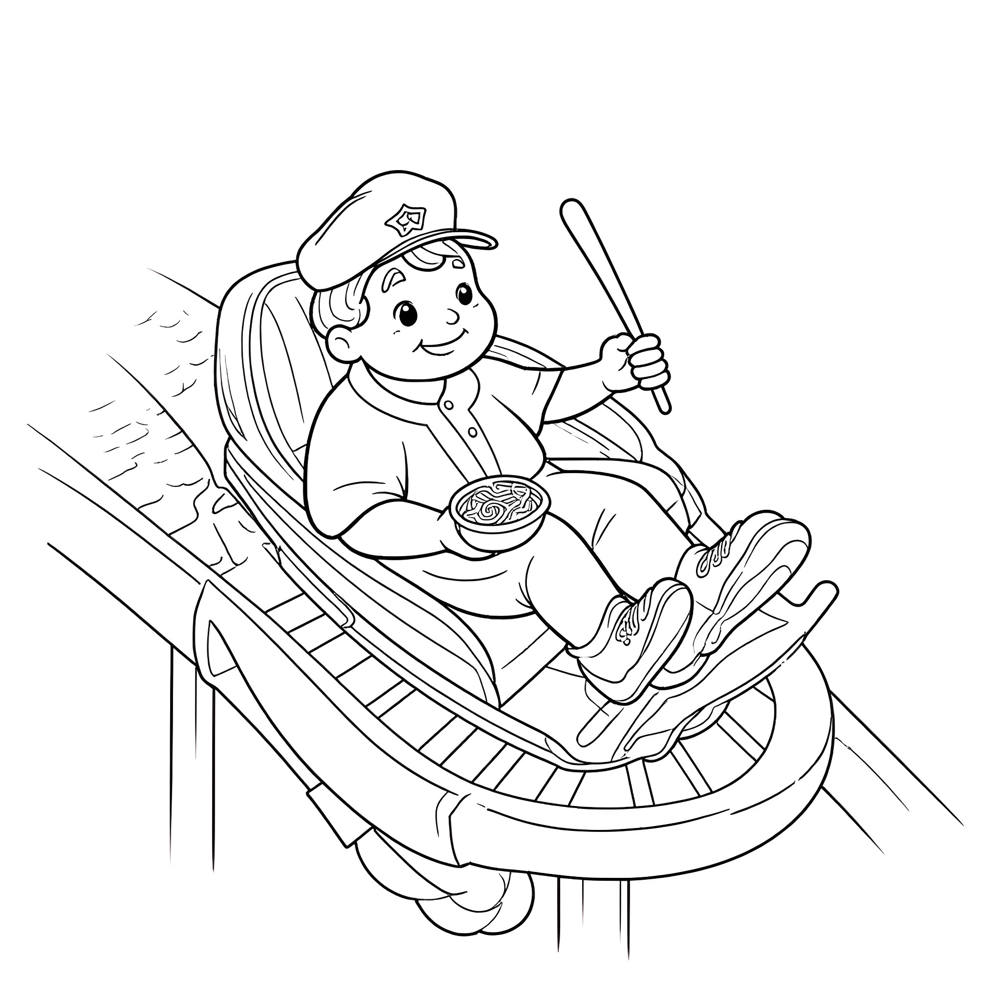Babe Ruth enjoying a snack on a roller coaster ride Coloring Page (free black-and-white line drawing printable PDF for all, from beginners to advanced learners, including children, teens, adults, and seniors)