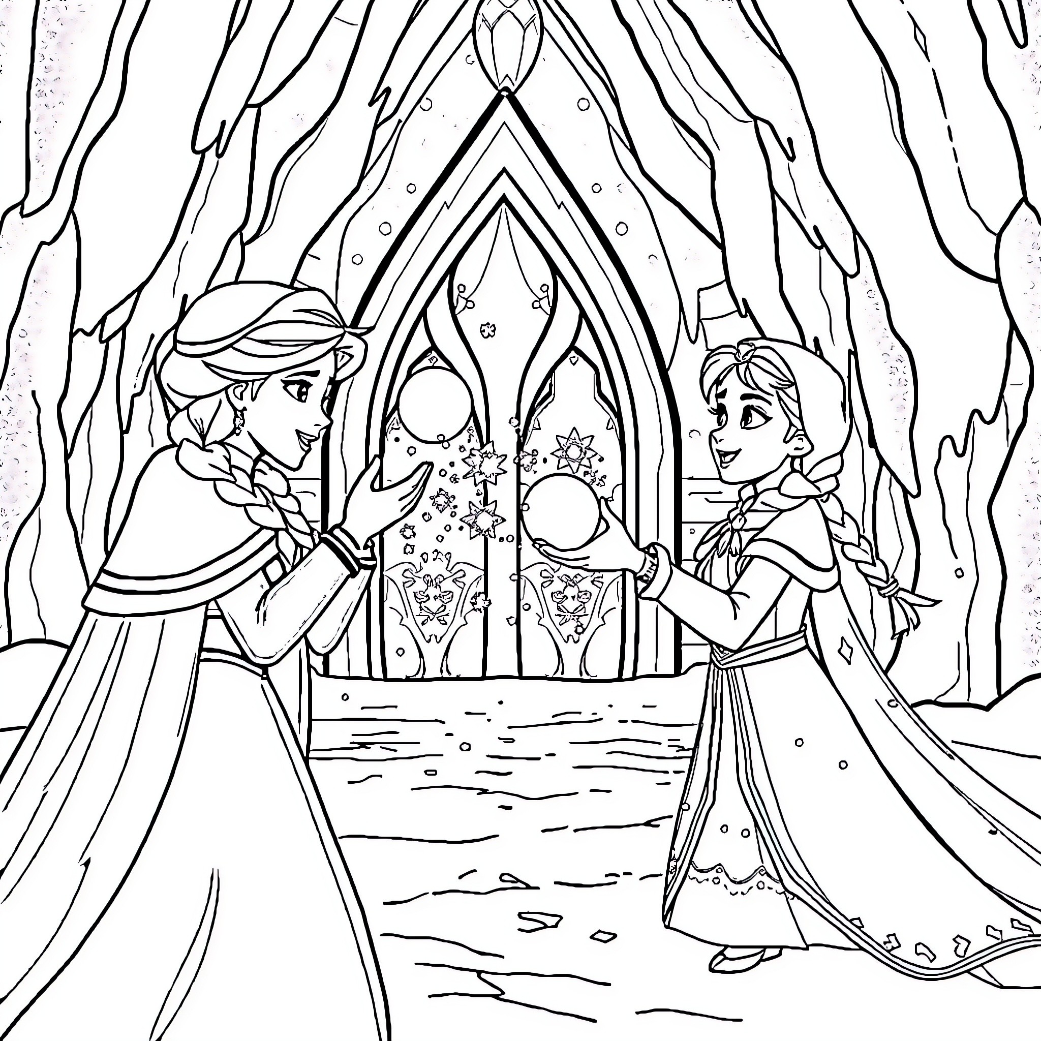 Elsa and Anna at the Ice Palace Coloring Page (free black-and-white line drawing printable PDF for all, from beginners to advanced learners, including children, teens, adults, and seniors)
