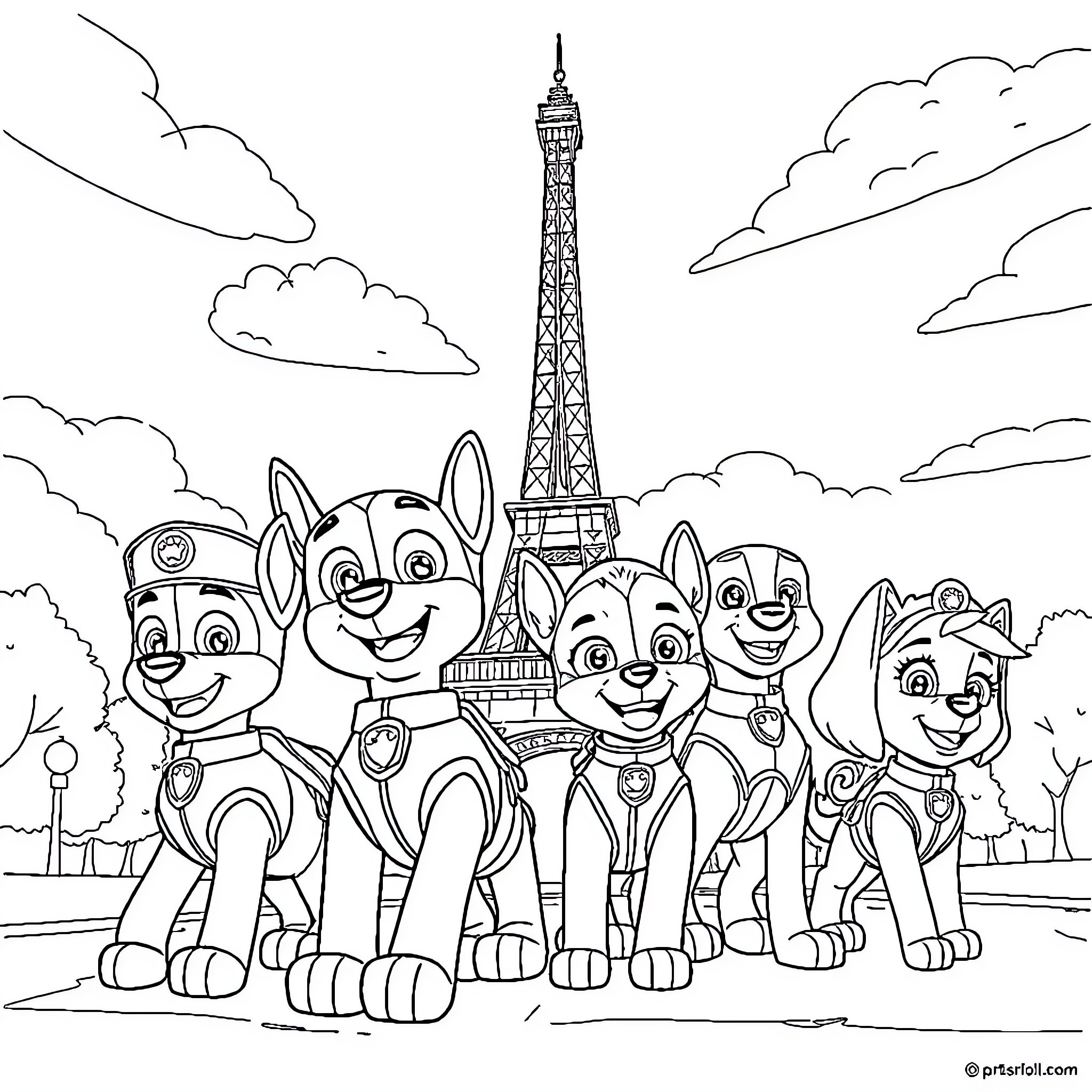 Eiffel Tower with Paw Patrol characters on a field Coloring Page (free black-and-white line drawing printable PDF for all, from beginners to advanced learners, including children, teens, adults, and seniors)