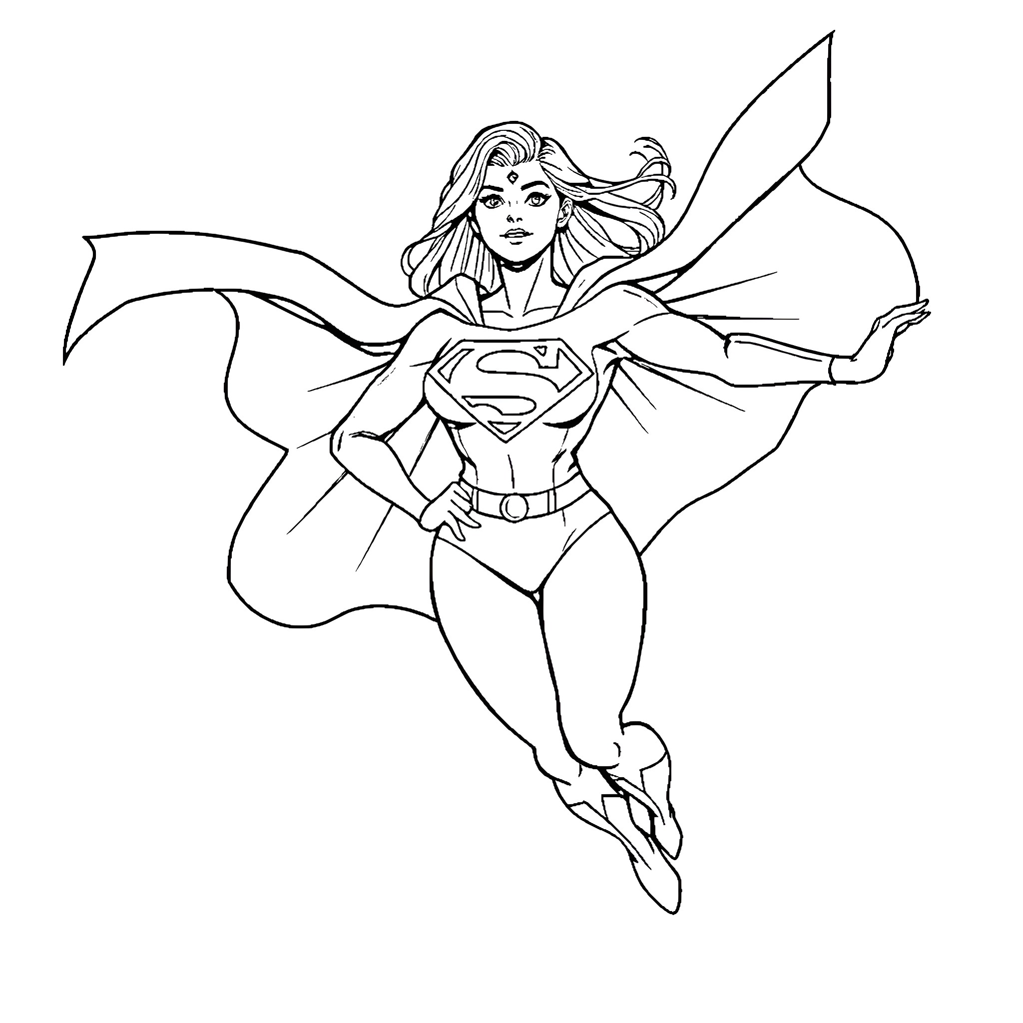 Superwoman in Action with Flying Cape Coloring Page (free black-and-white line drawing printable PDF for all, from beginners to advanced learners, including children, teens, adults, and seniors)