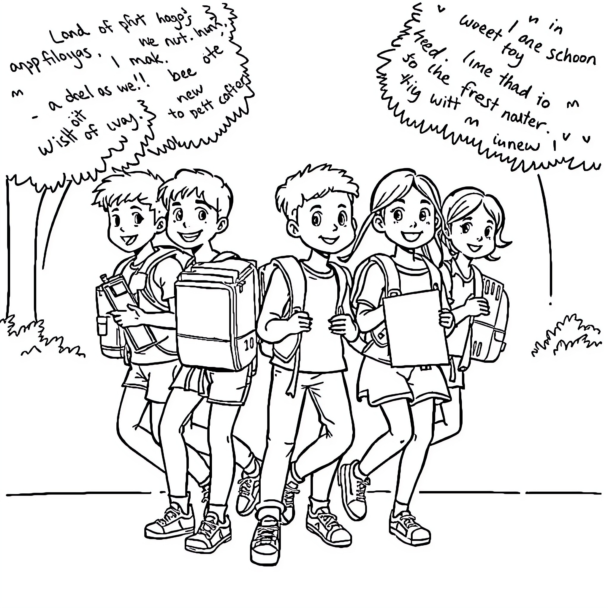 School Friends Enjoying Outdoor Adventure Coloring Page (free black-and-white line drawing printable PDF for all, from beginners to advanced learners, including children, teens, adults, and seniors)