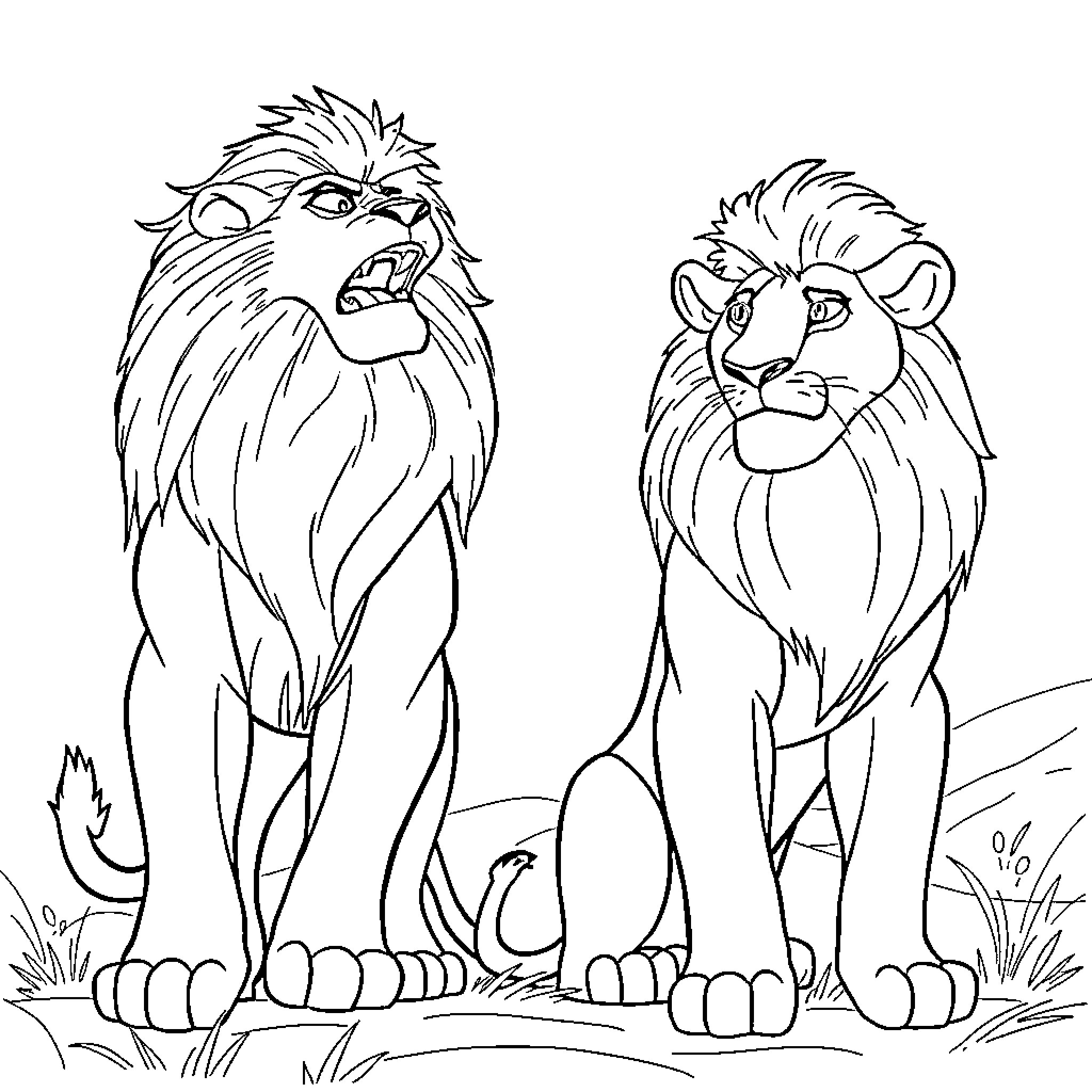 Lions Roaring Powerfully in Wilderness Coloring Page (free black-and-white line drawing printable PDF for all, from beginners to advanced learners, including children, teens, adults, and seniors)