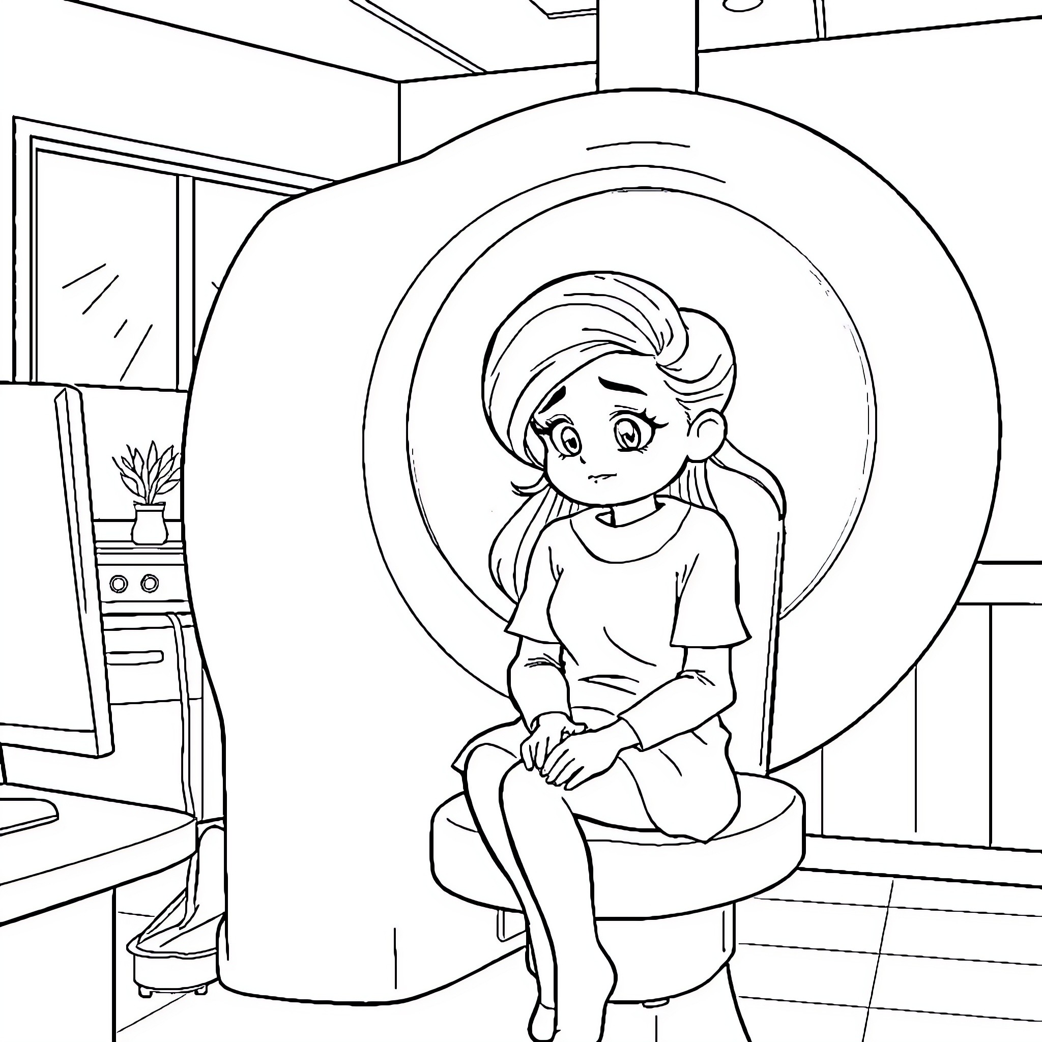 Elza's Peaceful Moment in the Bedroom Coloring Page (free black-and-white line drawing printable PDF for all, from beginners to advanced learners, including children, teens, adults, and seniors)