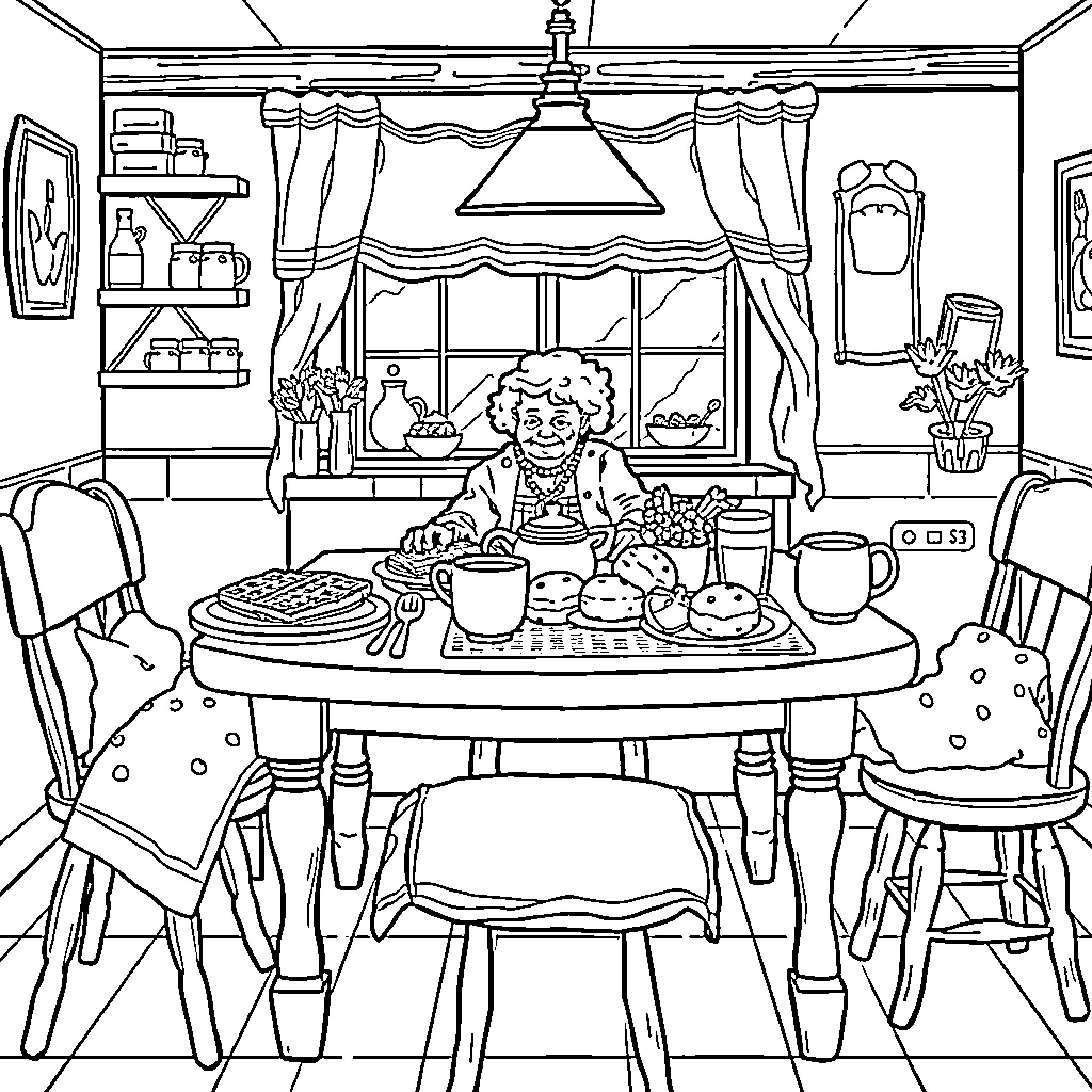 Kitchen Table with Homely Meal and Friendly Figure Coloring Page (free black-and-white line drawing printable PDF for all, from beginners to advanced learners, including children, teens, adults, and seniors)
