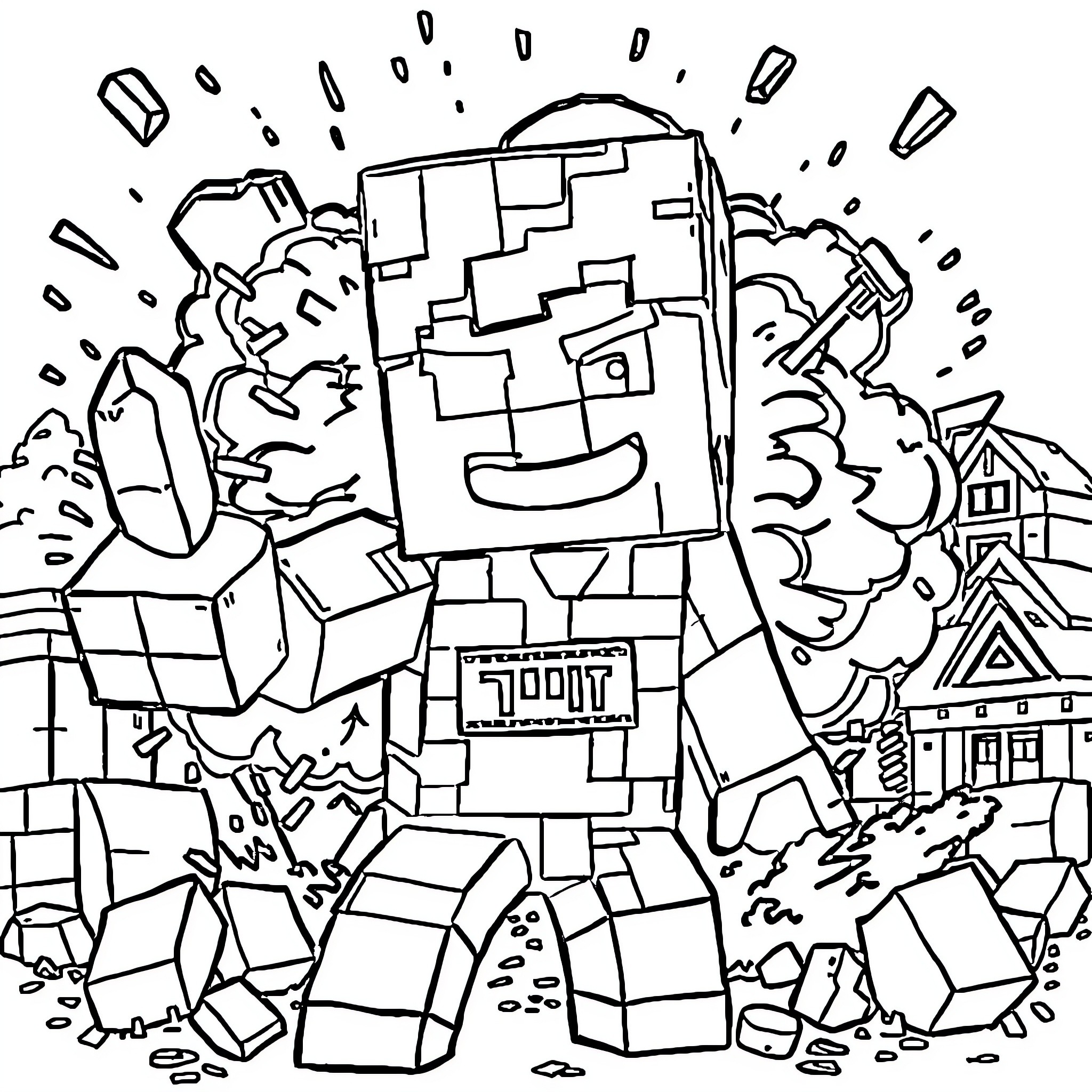 Minecraft Character Building and Exploring Blocky World Coloring Page (free black-and-white line drawing printable PDF for all, from beginners to advanced learners, including children, teens, adults, and seniors)