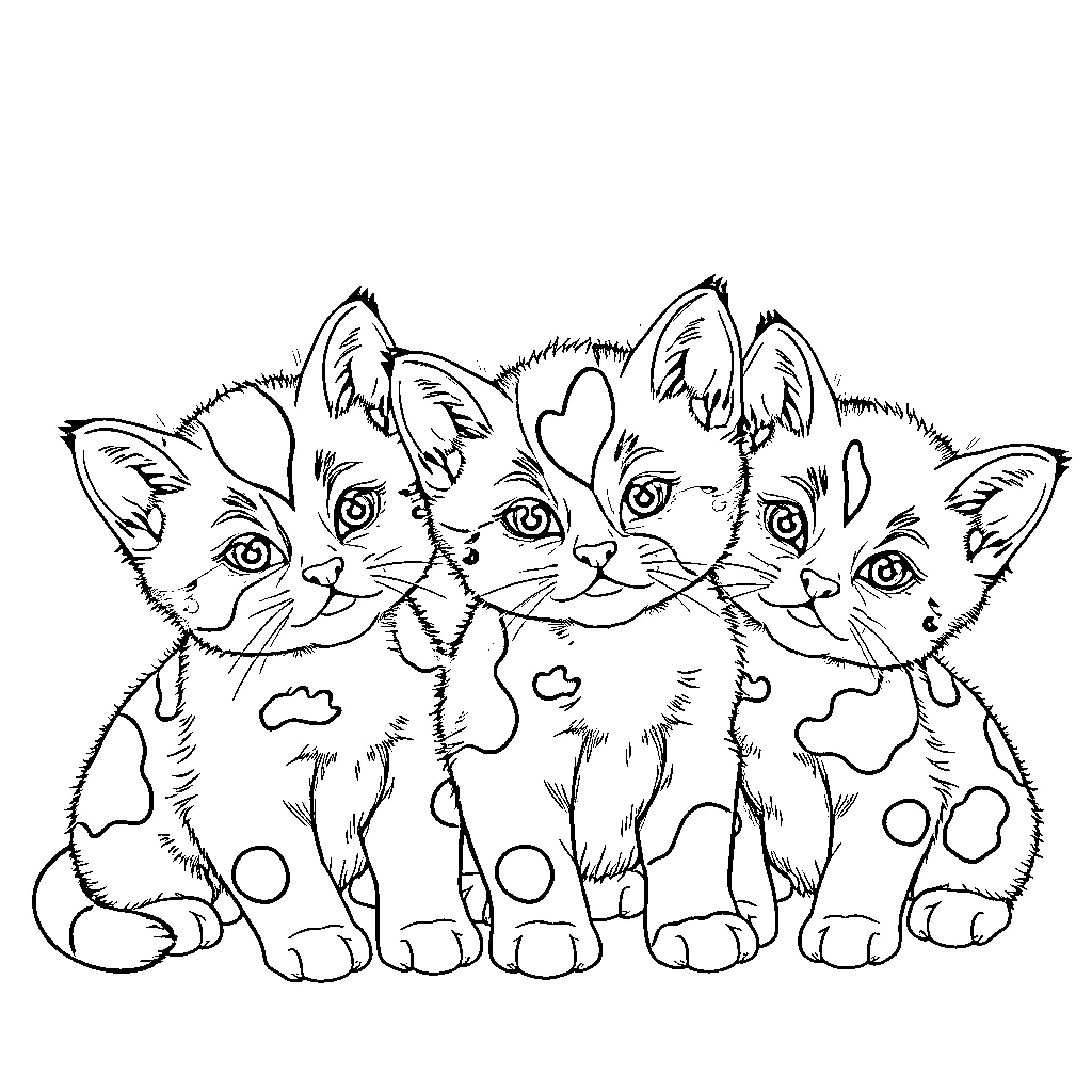 Kittens playing together playfully Coloring Page (free black-and-white line drawing printable PDF for all, from beginners to advanced learners, including children, teens, adults, and seniors)