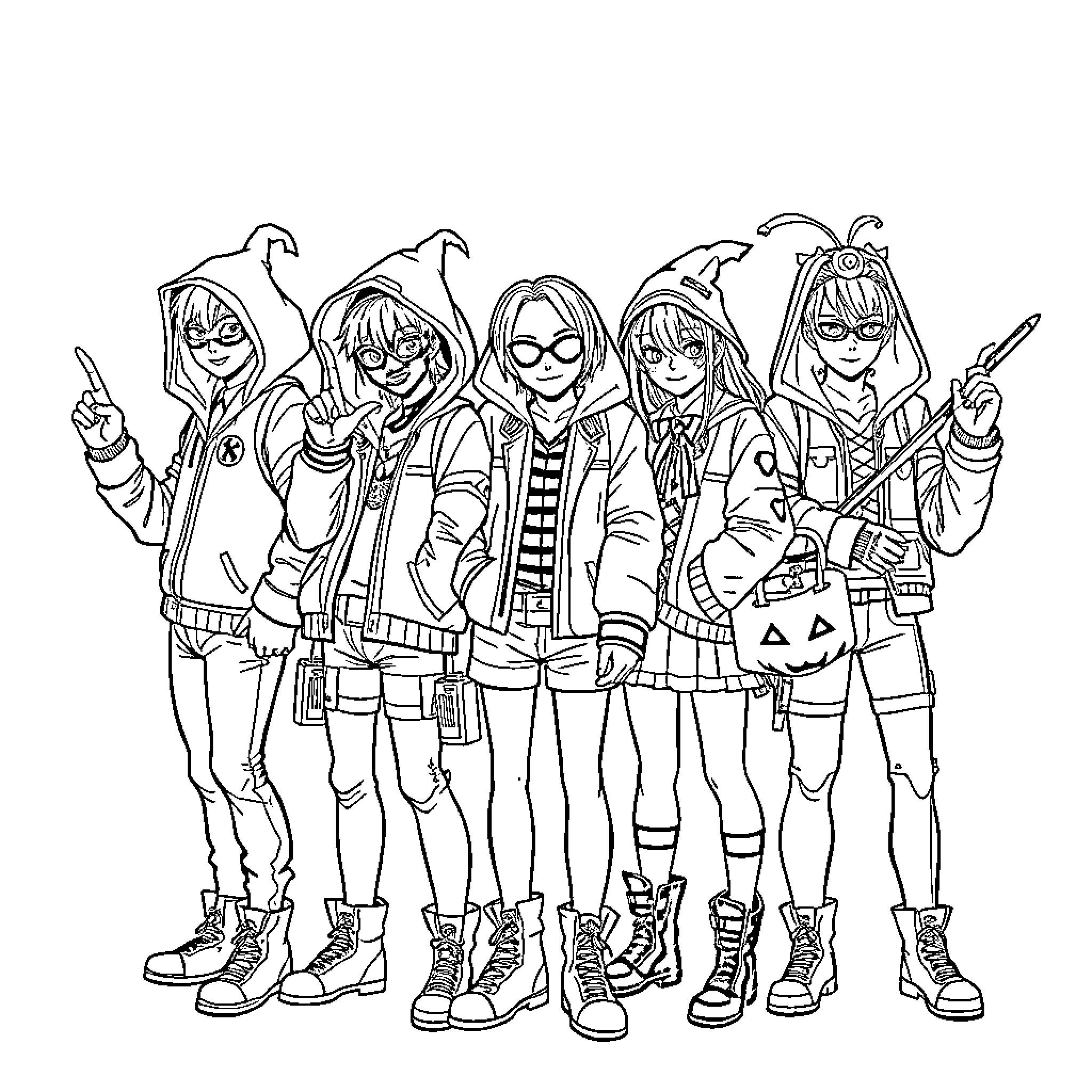 Monster Group Dressed for Halloween Adventure Coloring Page (free black-and-white line drawing printable PDF for all, from beginners to advanced learners, including children, teens, adults, and seniors)