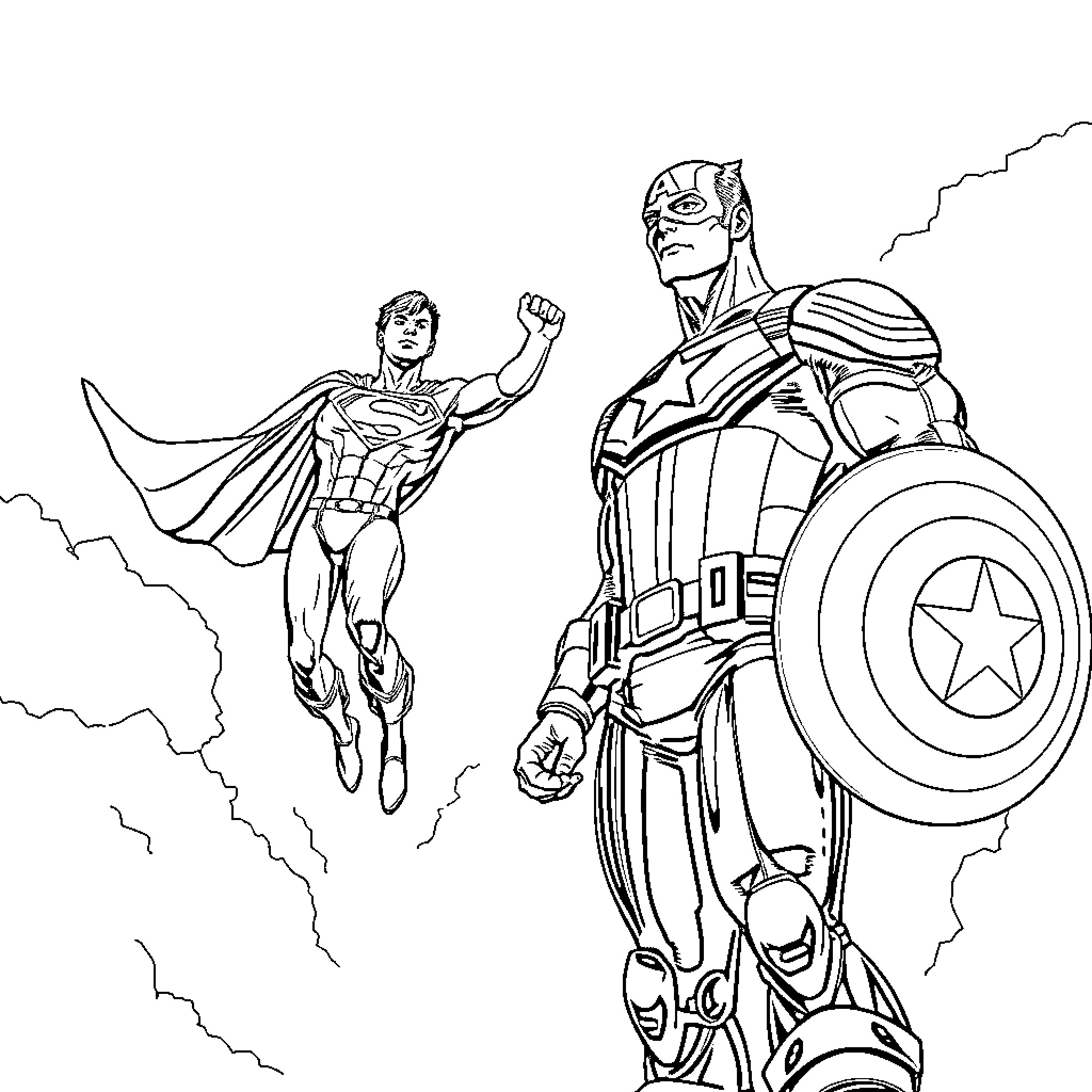 Superheroes in Action: Daring Duo Soars into Battle Coloring Page (free black-and-white line drawing printable PDF for all, from beginners to advanced learners, including children, teens, adults, and seniors)