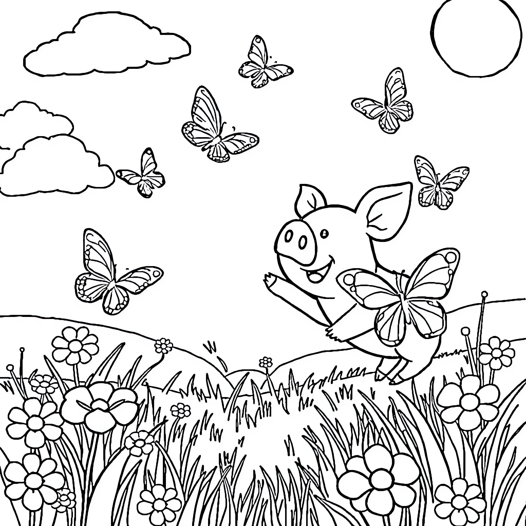 Pig playing with butterflies in the meadow Coloring Page (free black-and-white line drawing printable PDF for all, from beginners to advanced learners, including children, teens, adults, and seniors)