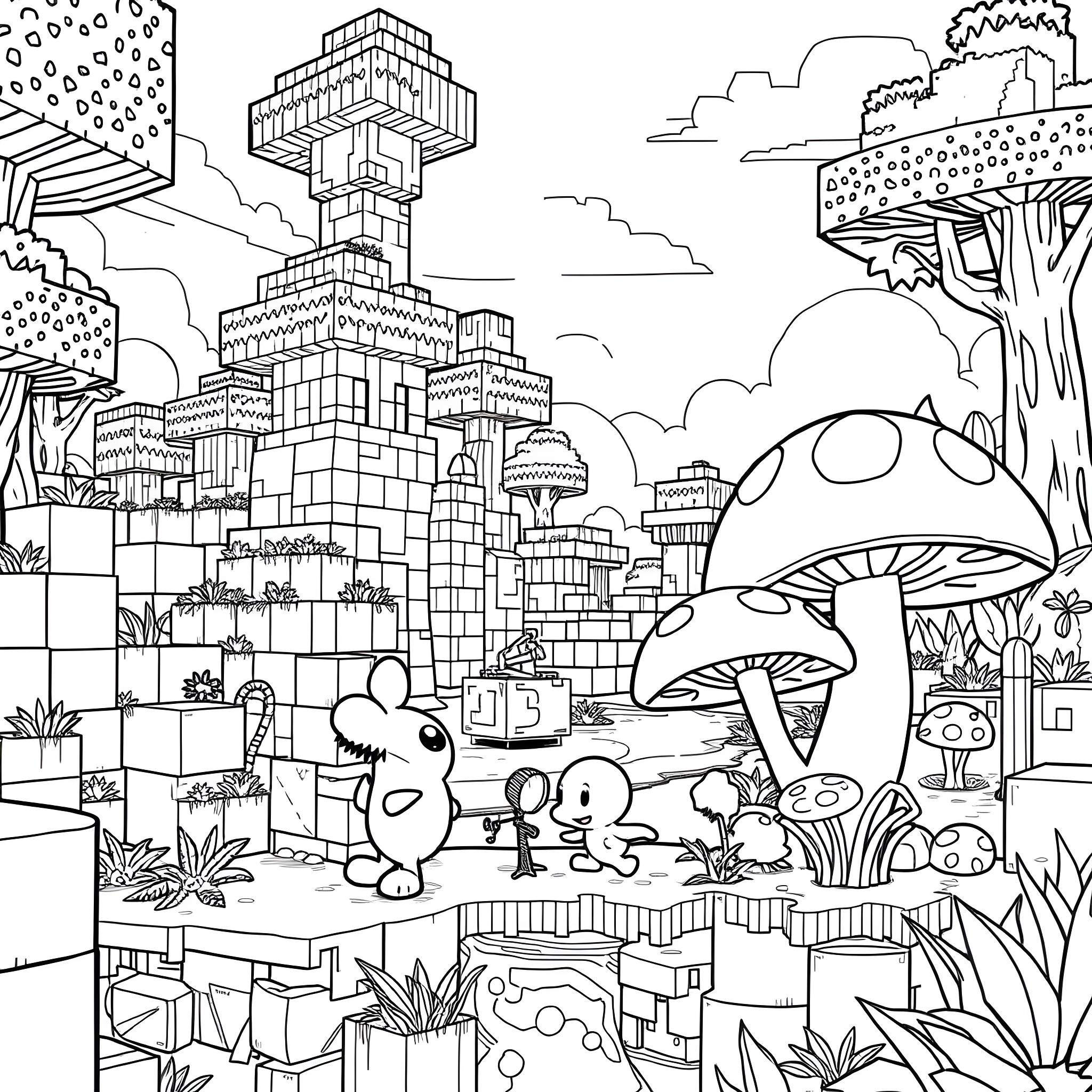 Pikmin exploring a surreal, fantastical landscape Coloring Page (free black-and-white line drawing printable PDF for all, from beginners to advanced learners, including children, teens, adults, and seniors)