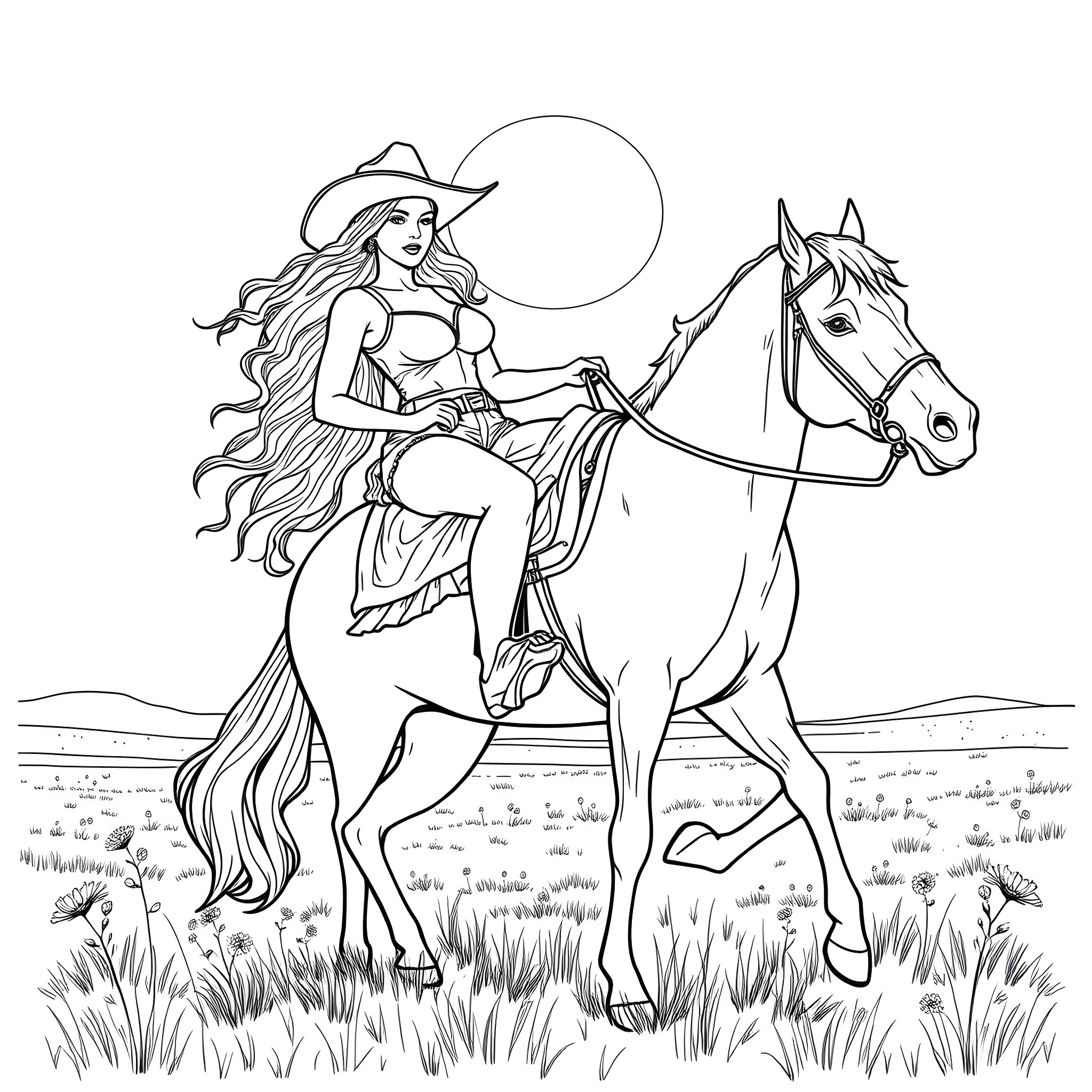 Beyonce riding a horse in the countryside Coloring Page (free black-and-white line drawing printable PDF for all, from beginners to advanced learners, including children, teens, adults, and seniors)