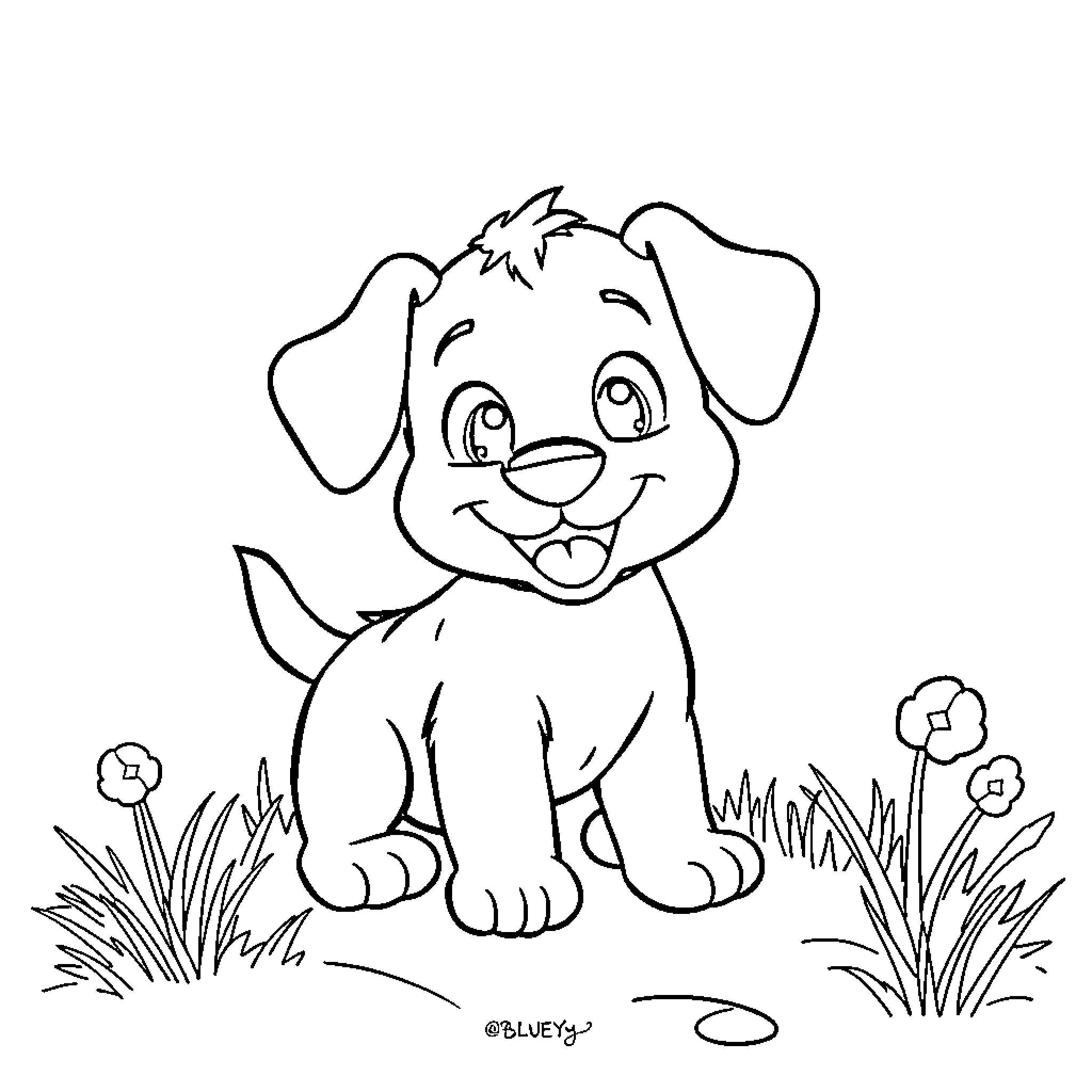 Bluey the happy puppy in the garden Coloring Page (free black-and-white line drawing printable PDF for all, from beginners to advanced learners, including children, teens, adults, and seniors)