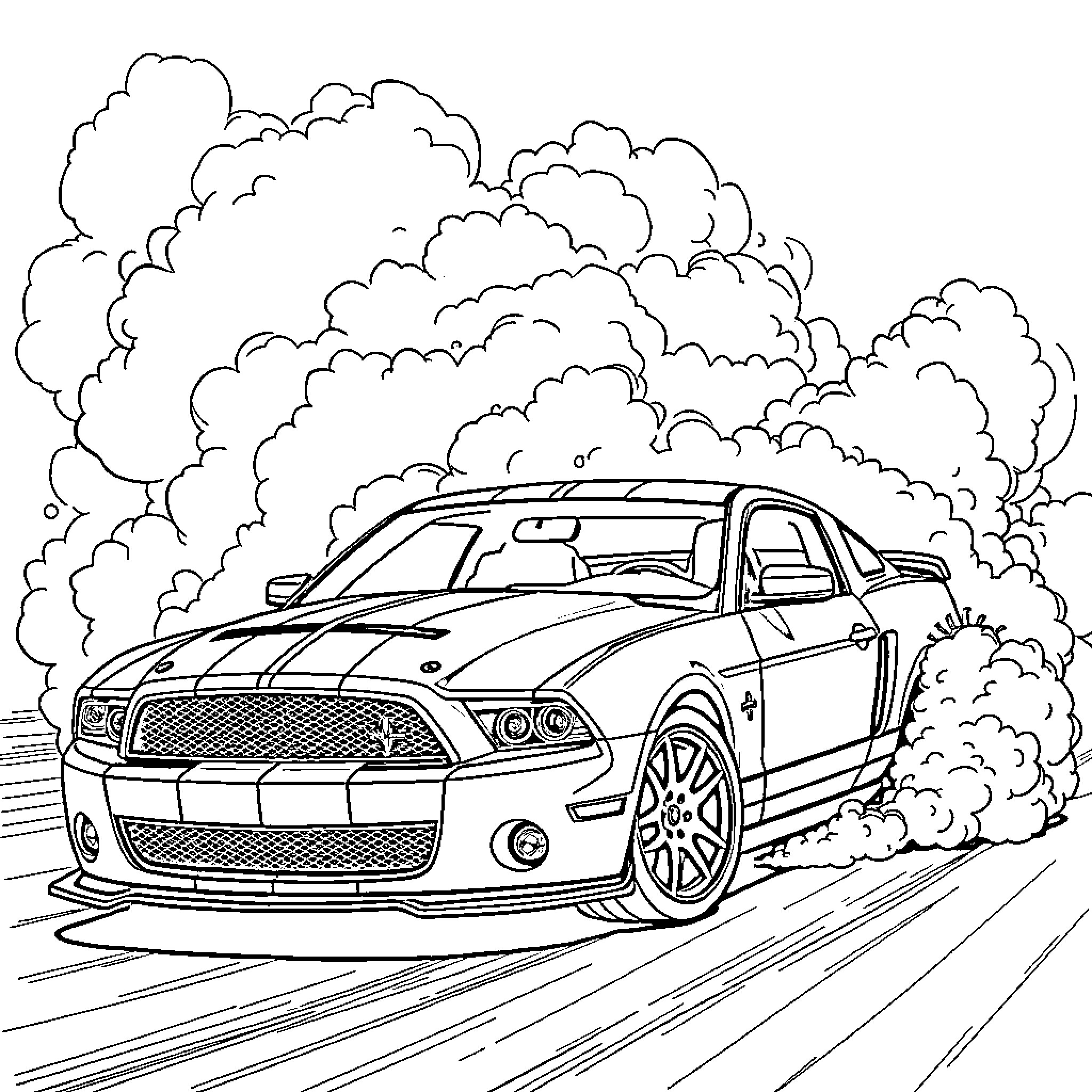 Car racing through cloudy environment Coloring Page (free black-and-white line drawing printable PDF for all, from beginners to advanced learners, including children, teens, adults, and seniors)