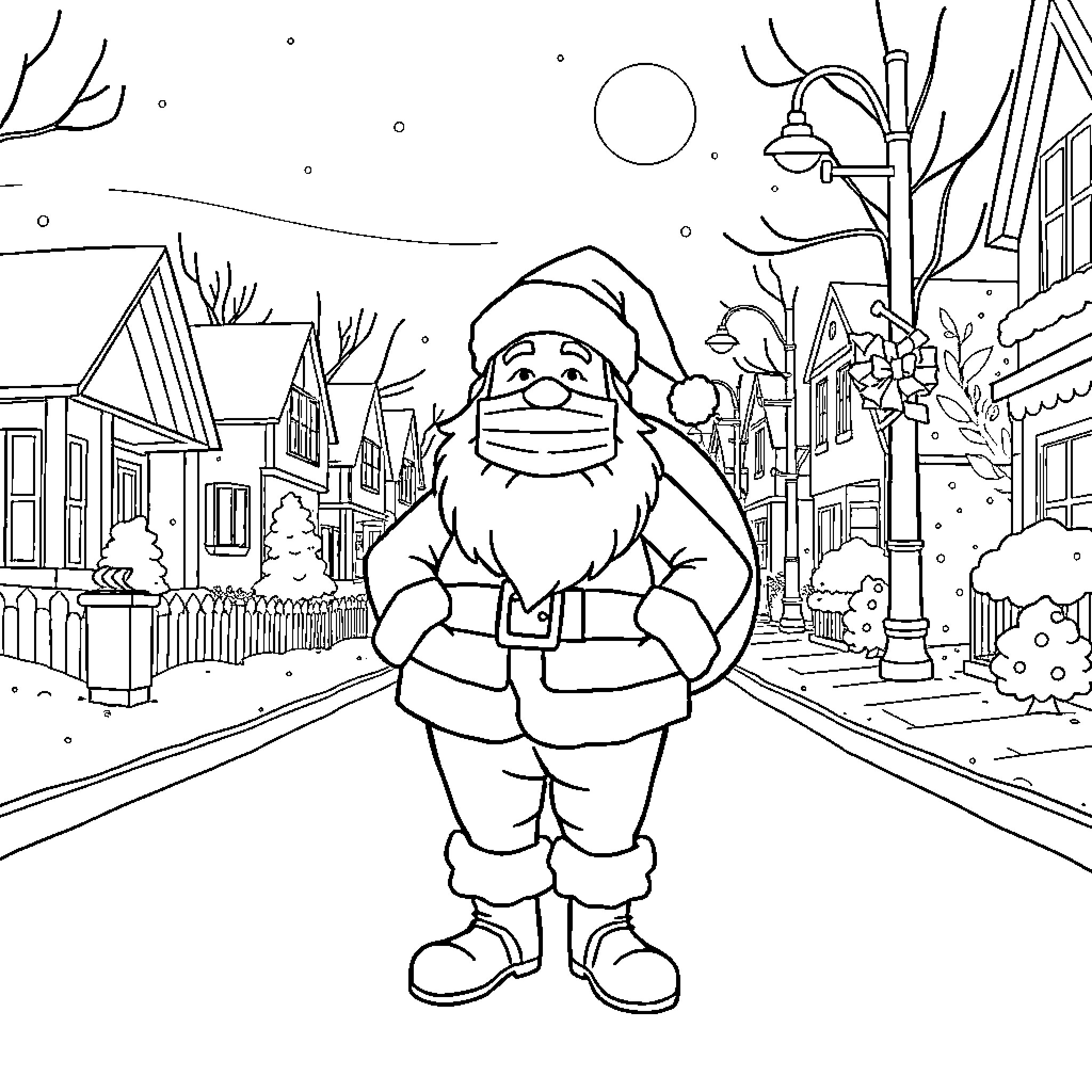 Santa strolling through a snowy winter town Coloring Page (free black-and-white line drawing printable PDF for all, from beginners to advanced learners, including children, teens, adults, and seniors)