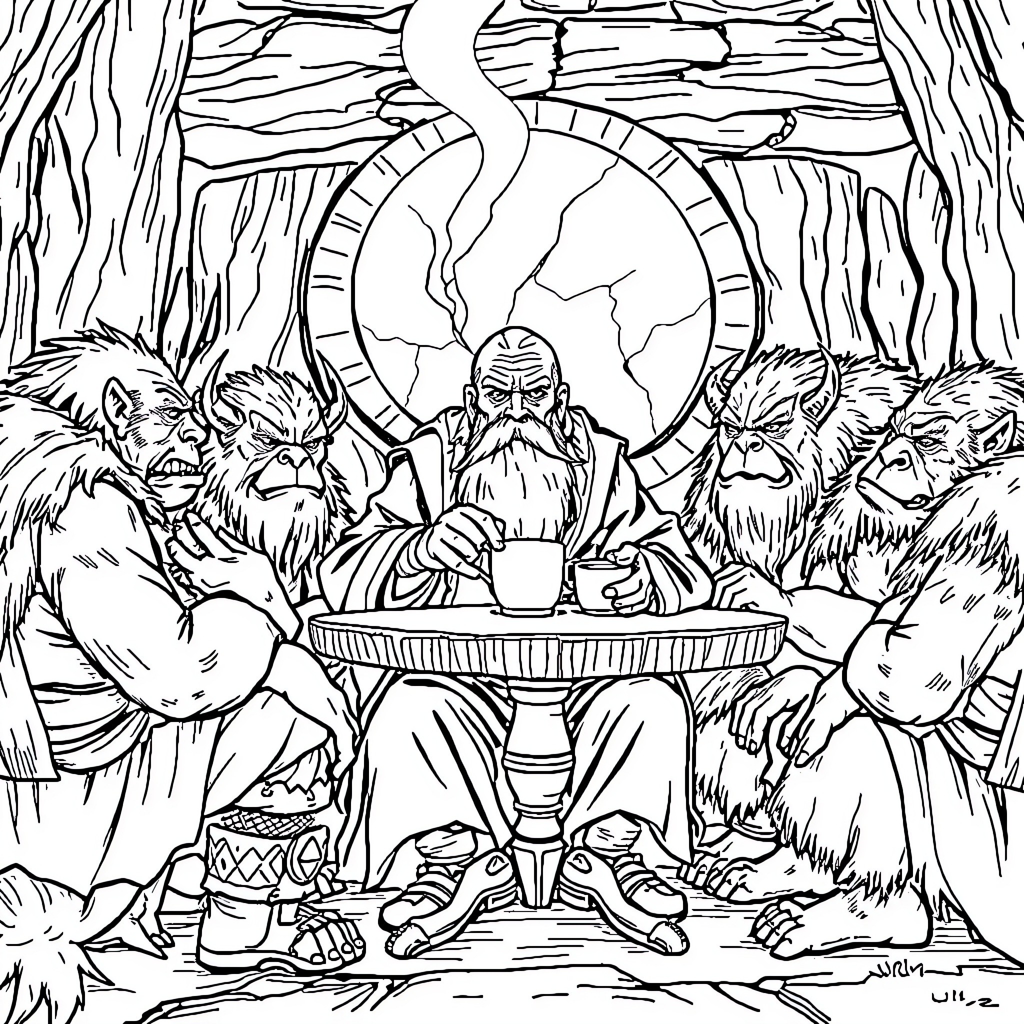 Gandalf's enchanting meeting with forest creatures Coloring Page (free black-and-white line drawing printable PDF for all, from beginners to advanced learners, including children, teens, adults, and seniors)