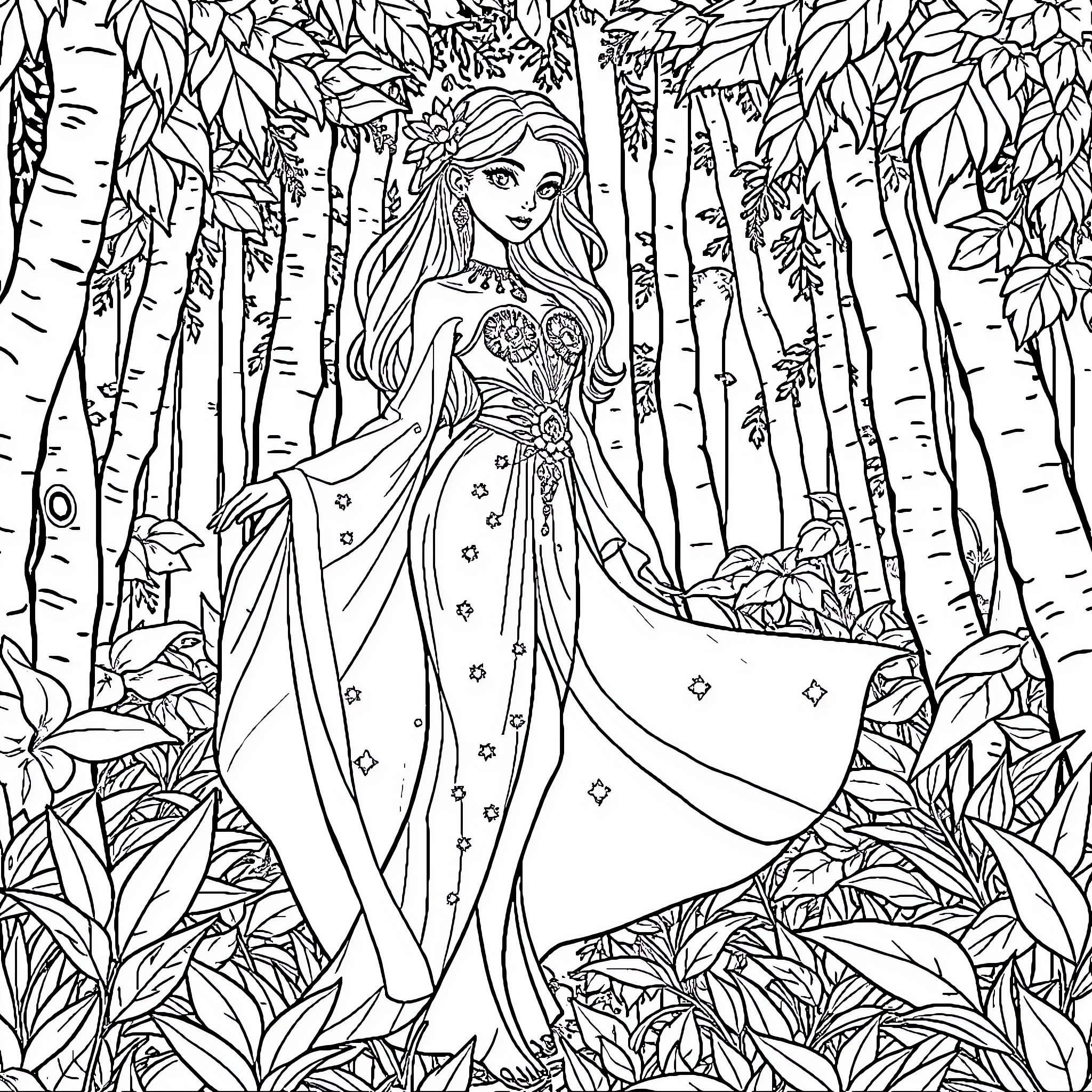 Dryad in an enchanted forest Coloring Page (free black-and-white line drawing printable PDF for all, from beginners to advanced learners, including children, teens, adults, and seniors)