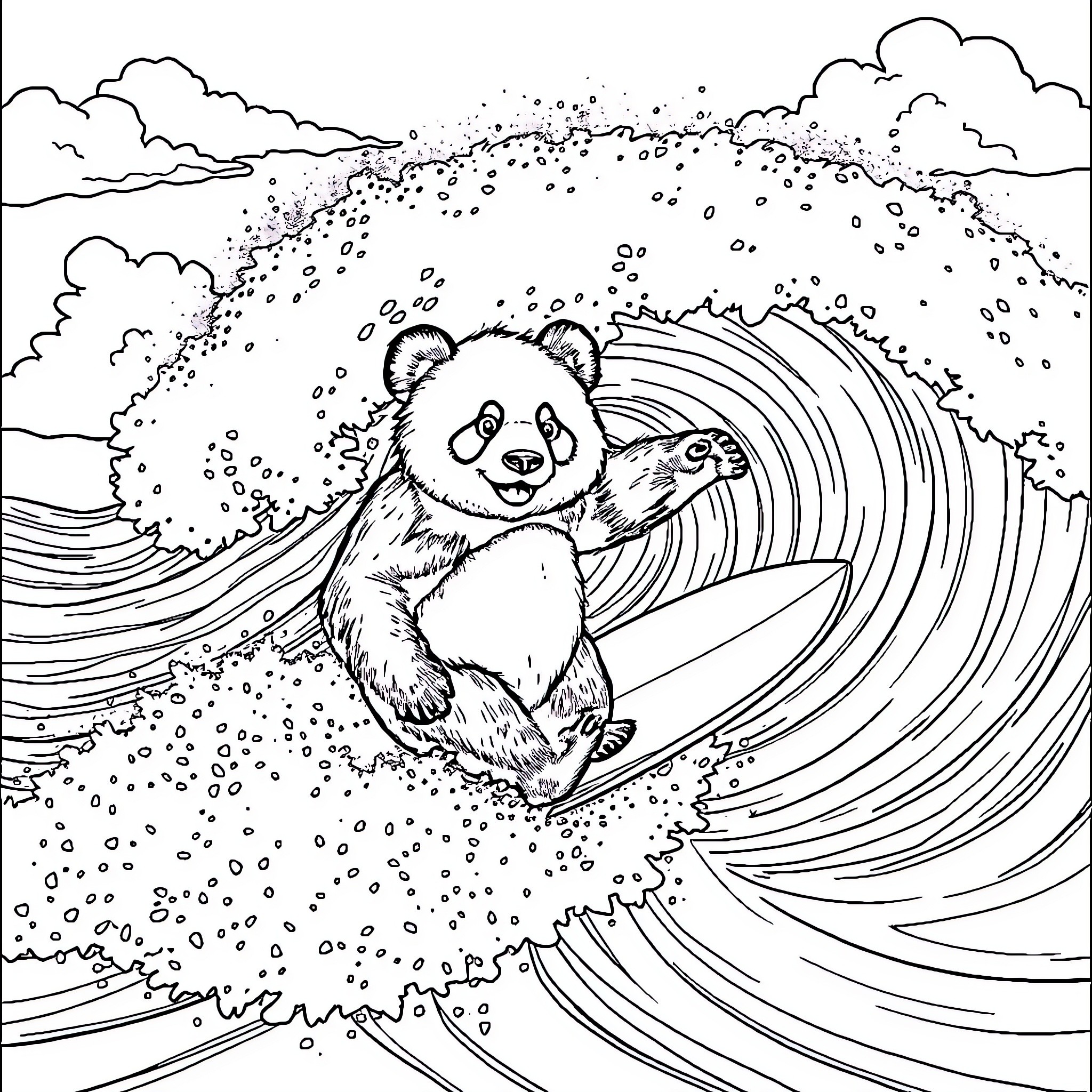 Panda riding waves in the ocean Coloring Page (free black-and-white line drawing printable PDF for all, from beginners to advanced learners, including children, teens, adults, and seniors)