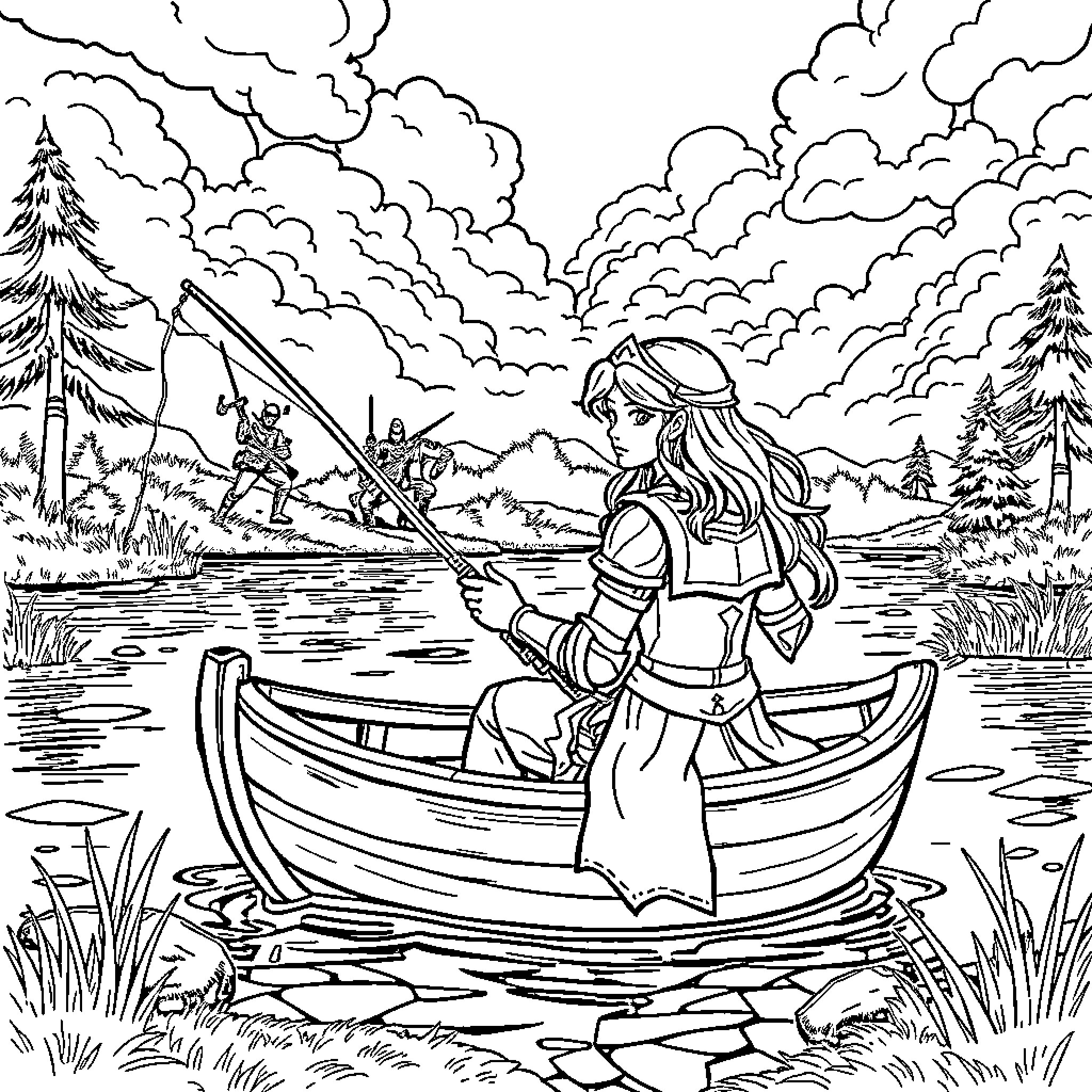 Princess Rowing Boat in Serene Forest Landscape Coloring Page (free black-and-white line drawing printable PDF for all, from beginners to advanced learners, including children, teens, adults, and seniors)