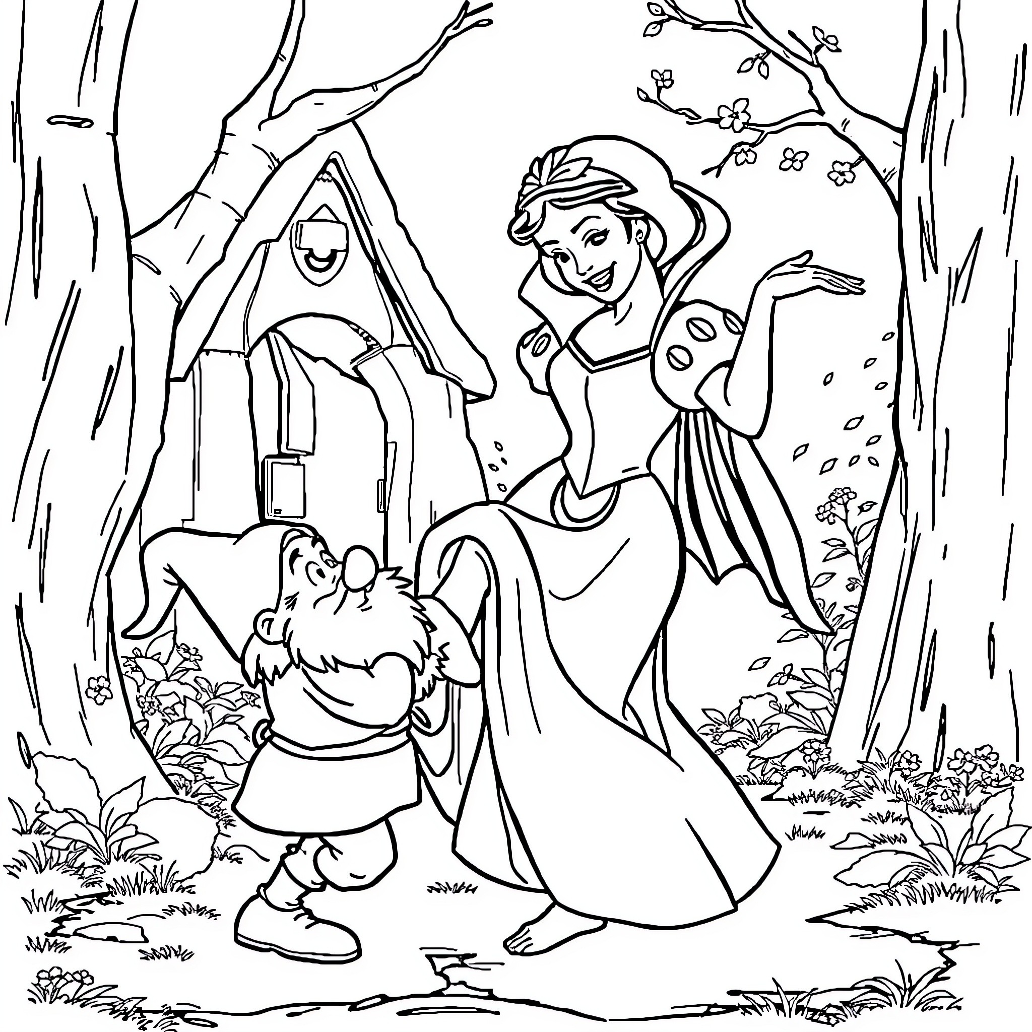 Snow White Greeting Forest Animals Coloring Page (free black-and-white line drawing printable PDF for all, from beginners to advanced learners, including children, teens, adults, and seniors)