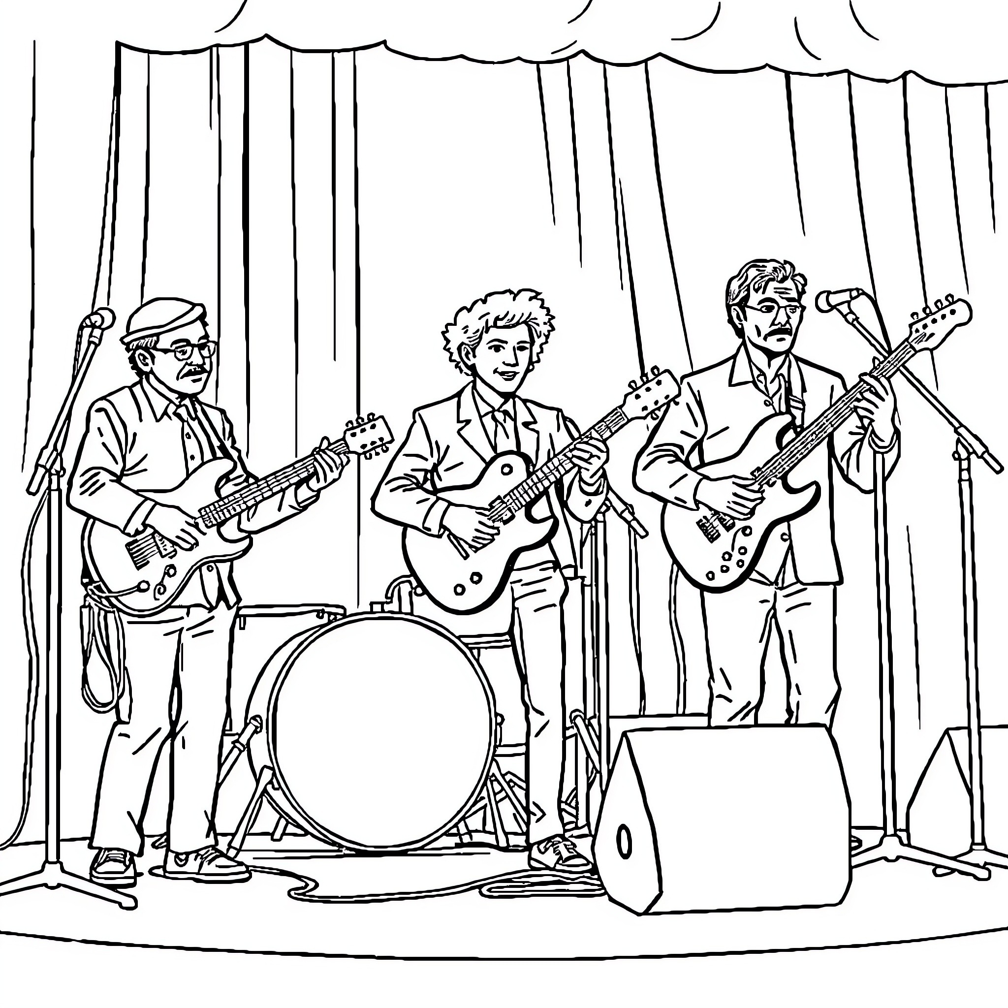 Mate Band's Energetic Performance on Stage Coloring Page (free black-and-white line drawing printable PDF for all, from beginners to advanced learners, including children, teens, adults, and seniors)