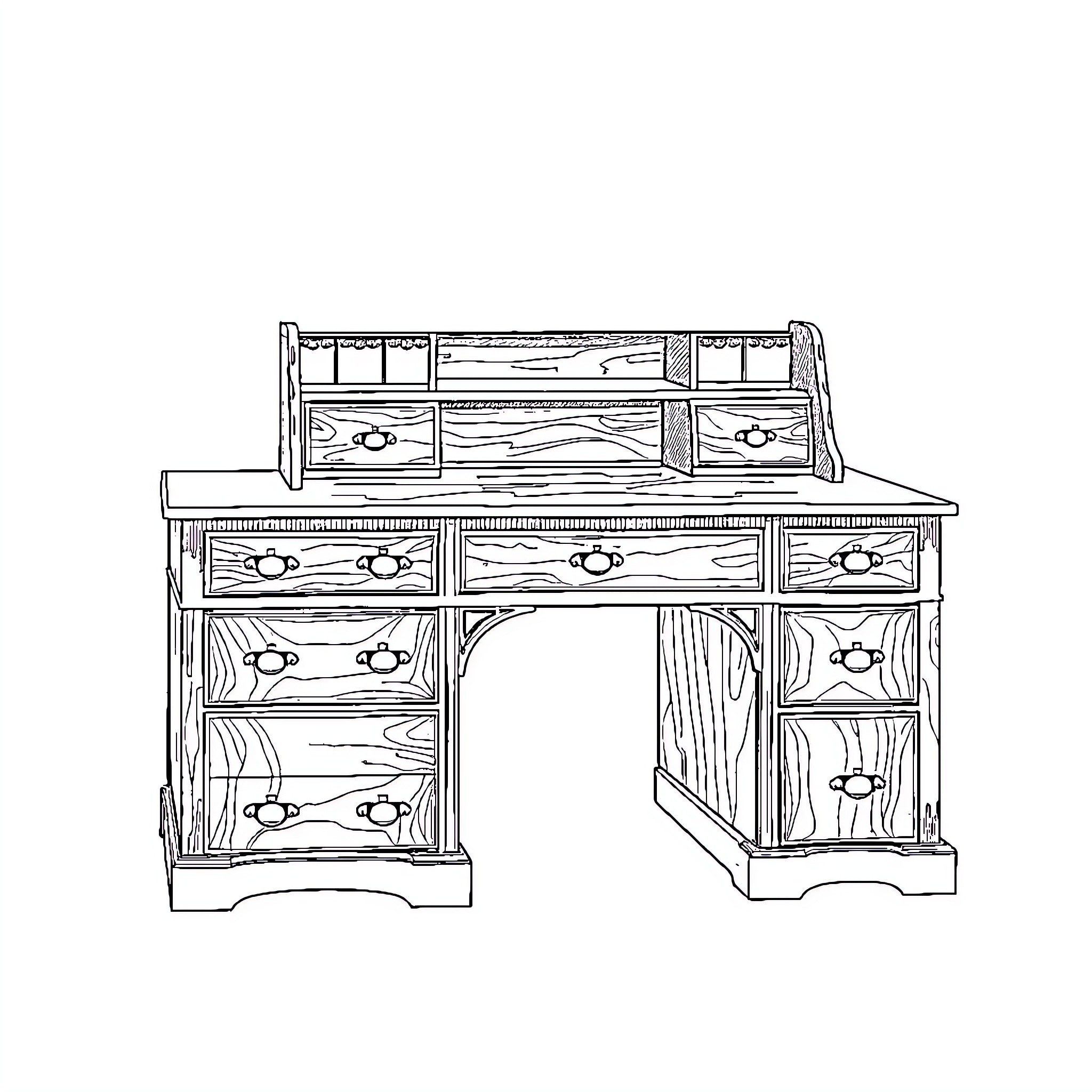 Bureau with Intricate Drawers and Shelves Coloring Page (free black-and-white line drawing printable PDF for all, from beginners to advanced learners, including children, teens, adults, and seniors)