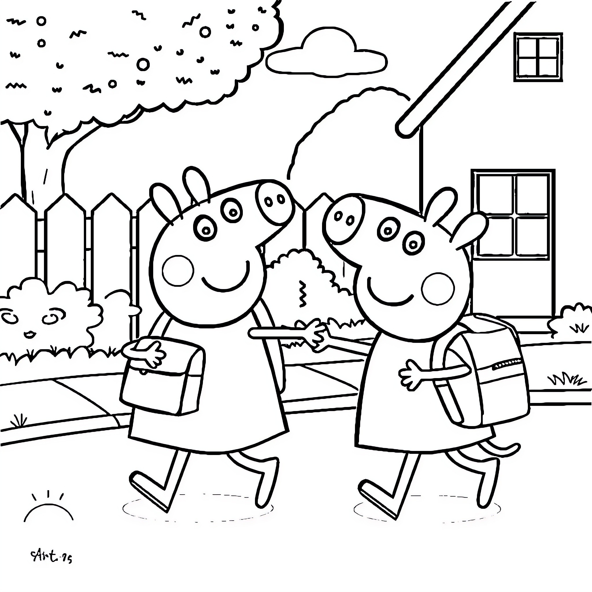Peppa Pig and George walking to school Coloring Page (free black-and-white line drawing printable PDF for all, from beginners to advanced learners, including children, teens, adults, and seniors)