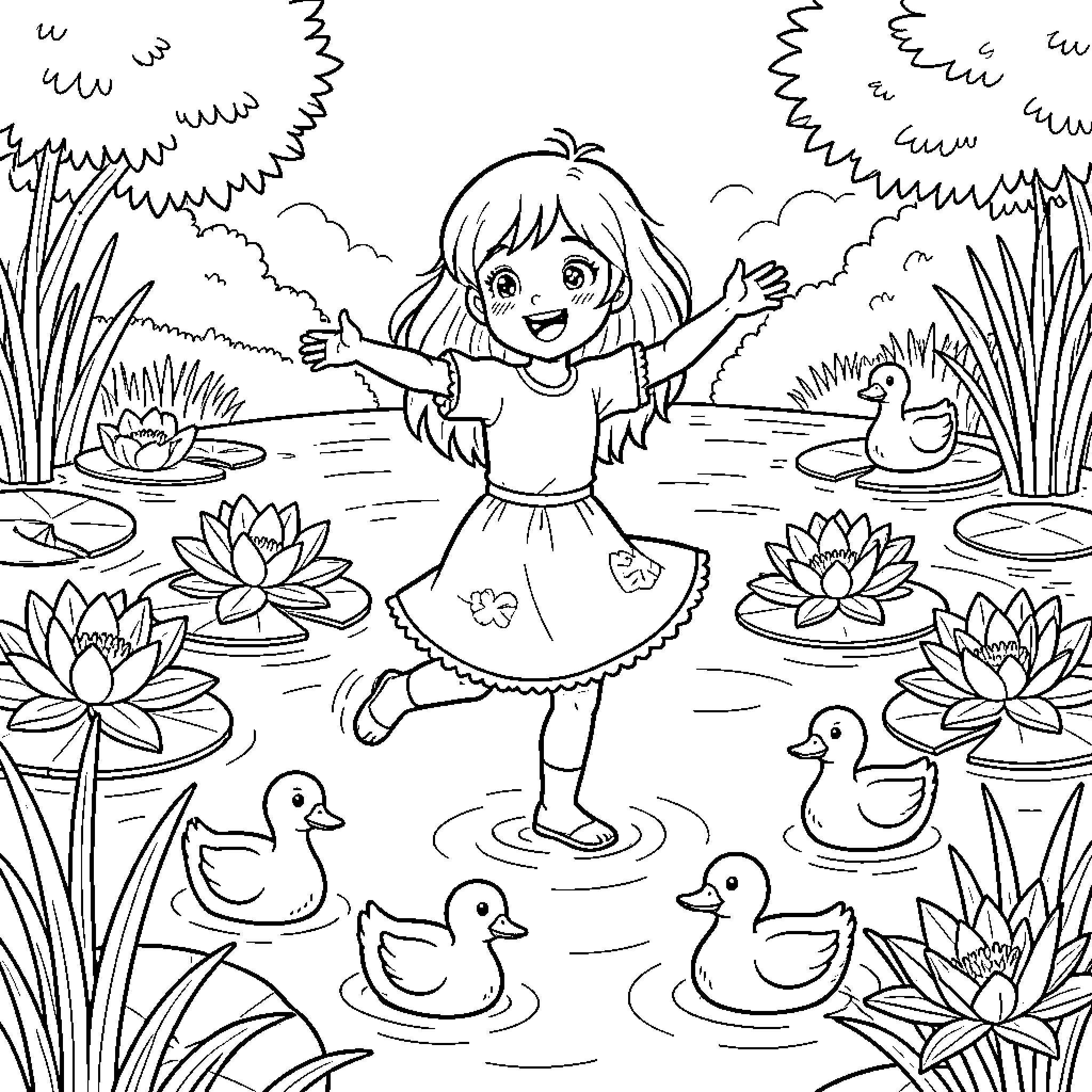 Girl Playing Joyfully in a Pond with Ducks Coloring Page (free black-and-white line drawing printable PDF for all, from beginners to advanced learners, including children, teens, adults, and seniors)