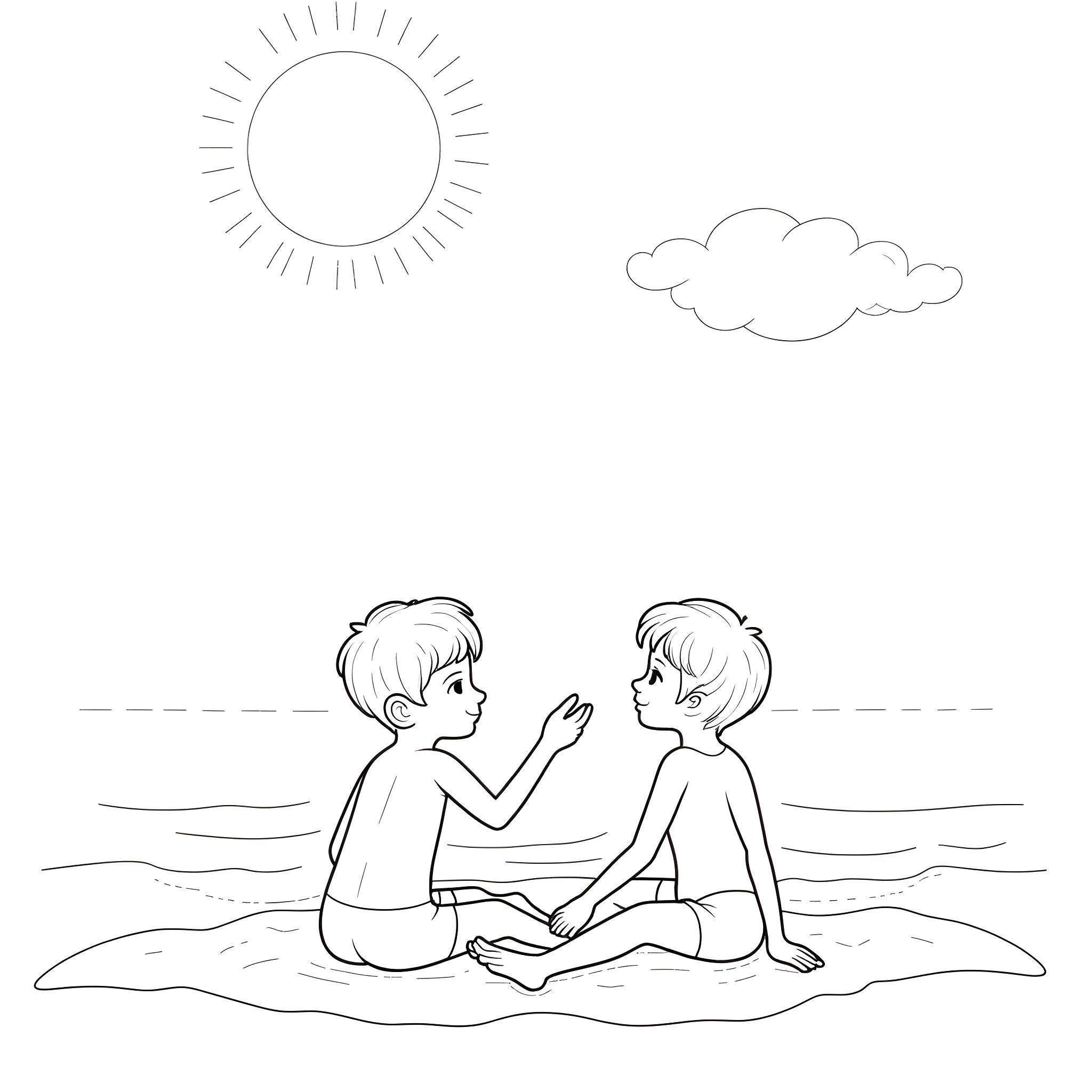 Peach Friends Enjoying Sun and Sand Coloring Page (free black-and-white line drawing printable PDF for all, from beginners to advanced learners, including children, teens, adults, and seniors)